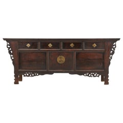 Antique 19th Century Chinese Elm Sideboard with Carved Decoration