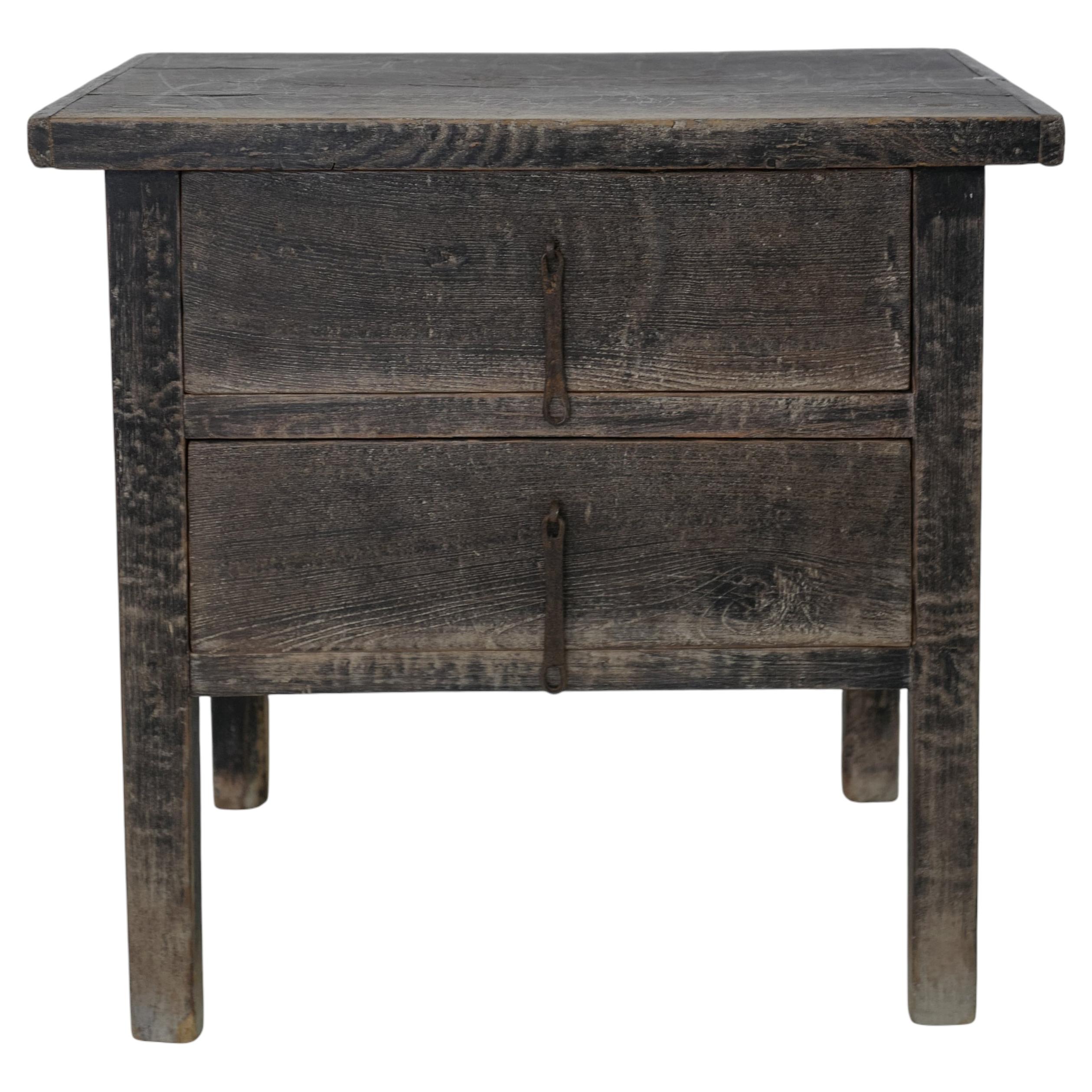 19th Century Chinese Elm Two Drawer Cabinet Antique Bedside Table For Sale