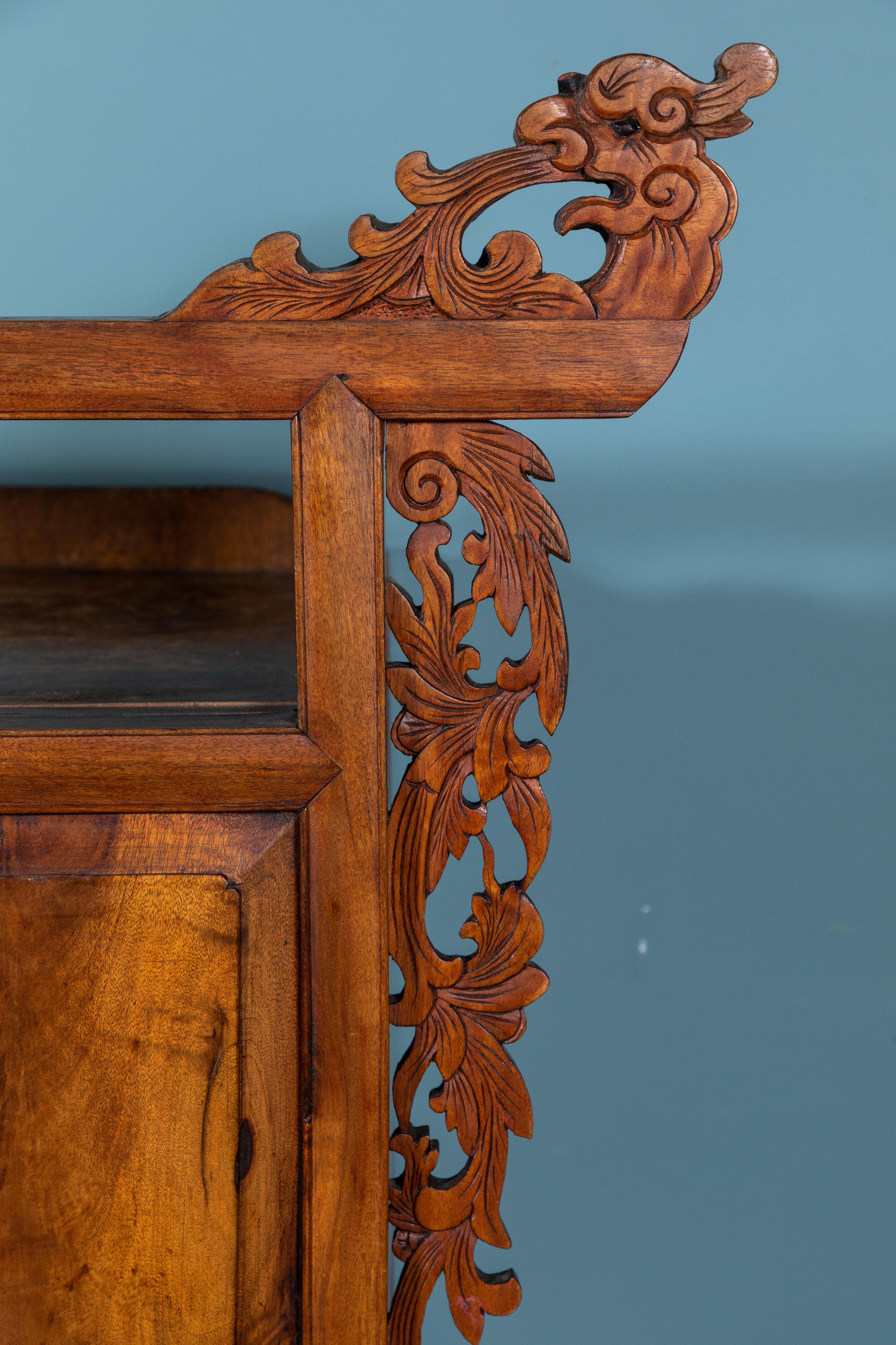Chinese Elmwood Standing Coffer with Carved Dragons and Shelf, circa 1900 1