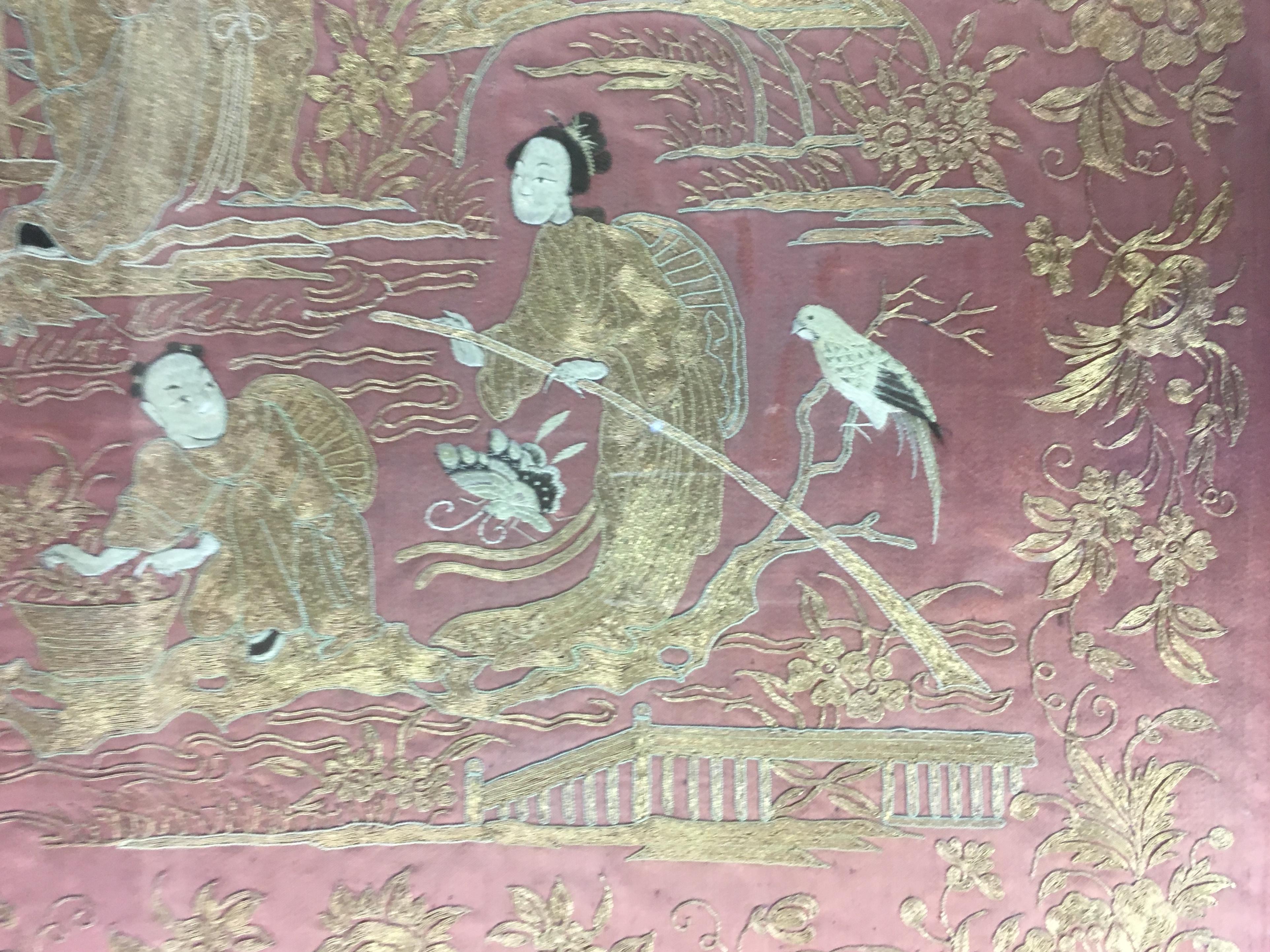 Qing 19th Century Chinese Framed Embroidery Silk Tapestry, Wall Hanging 