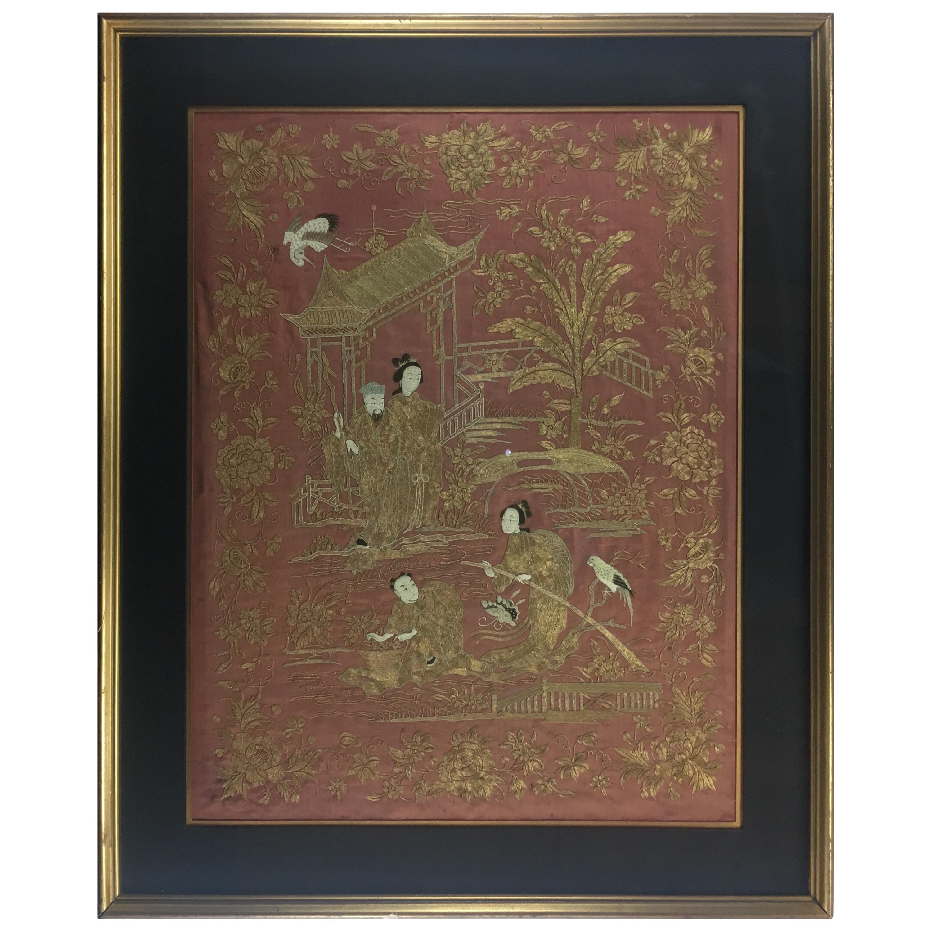 19th Century Chinese Framed Embroidery Silk Tapestry, Wall Hanging 