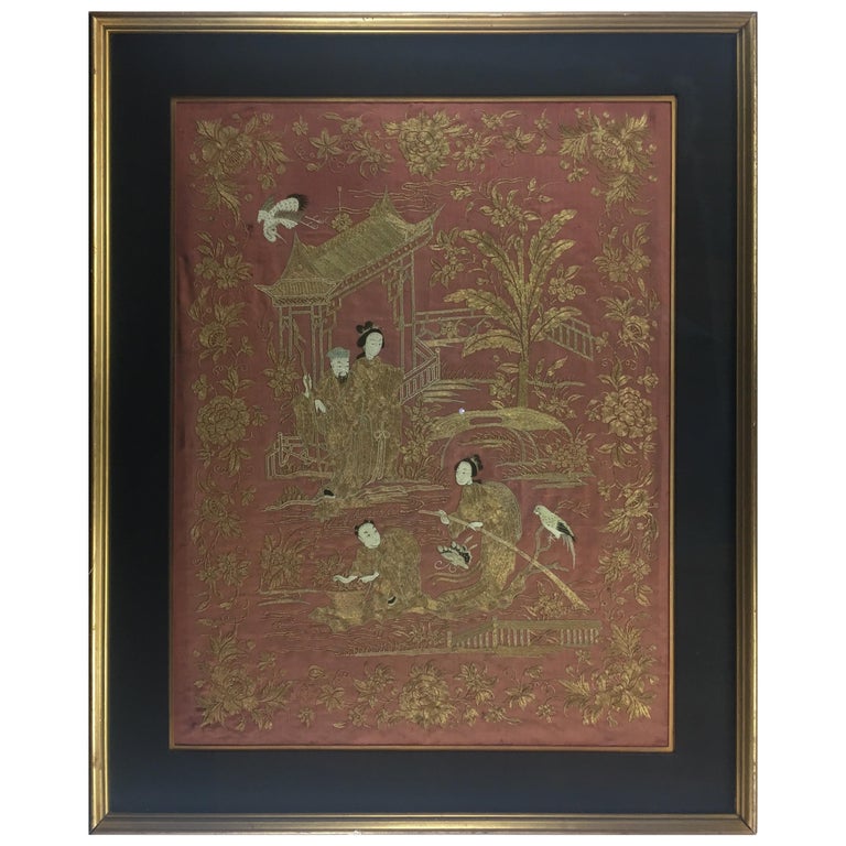 19th Century Chinese Framed Embroidery Silk Tapestry Wall Hanging At 1stdibs