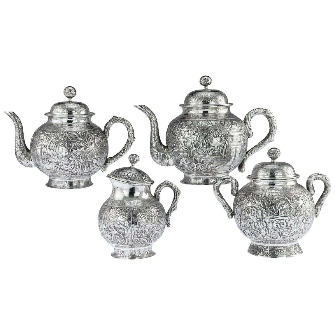 19th Century Chinese Exceptional Solid Silver Tea Service, Hong Kong, circa 1890