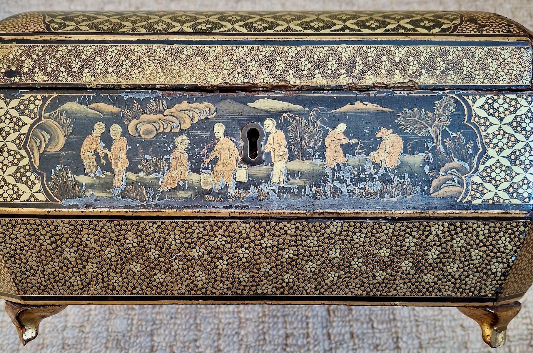 Caja de madera lacada negra y dorada de exportación china del siglo XIX en Bueno estado para la venta en San Francisco, CA