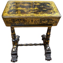 Antique 19th Century Chinese Export Black and Gold Lacquer Sewing Table