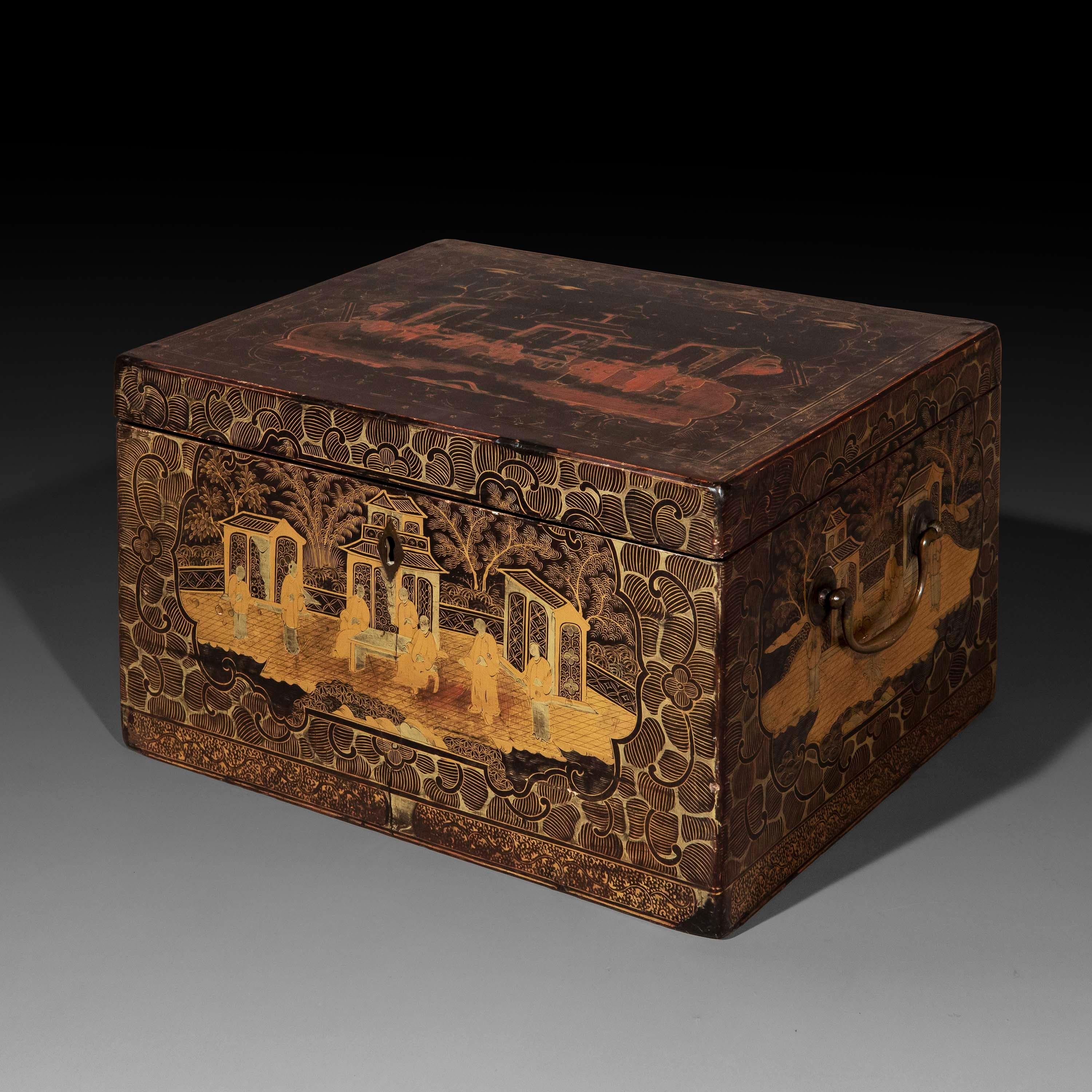 A large and very rare Chinese export black lacquer box, exquisitely gilt-decorated with whimsical oriental motifs. Chinese, Canton, Qing dynasty, mid-19th century.

Why we like it
A charming object to decorate a coffee table or a console, also