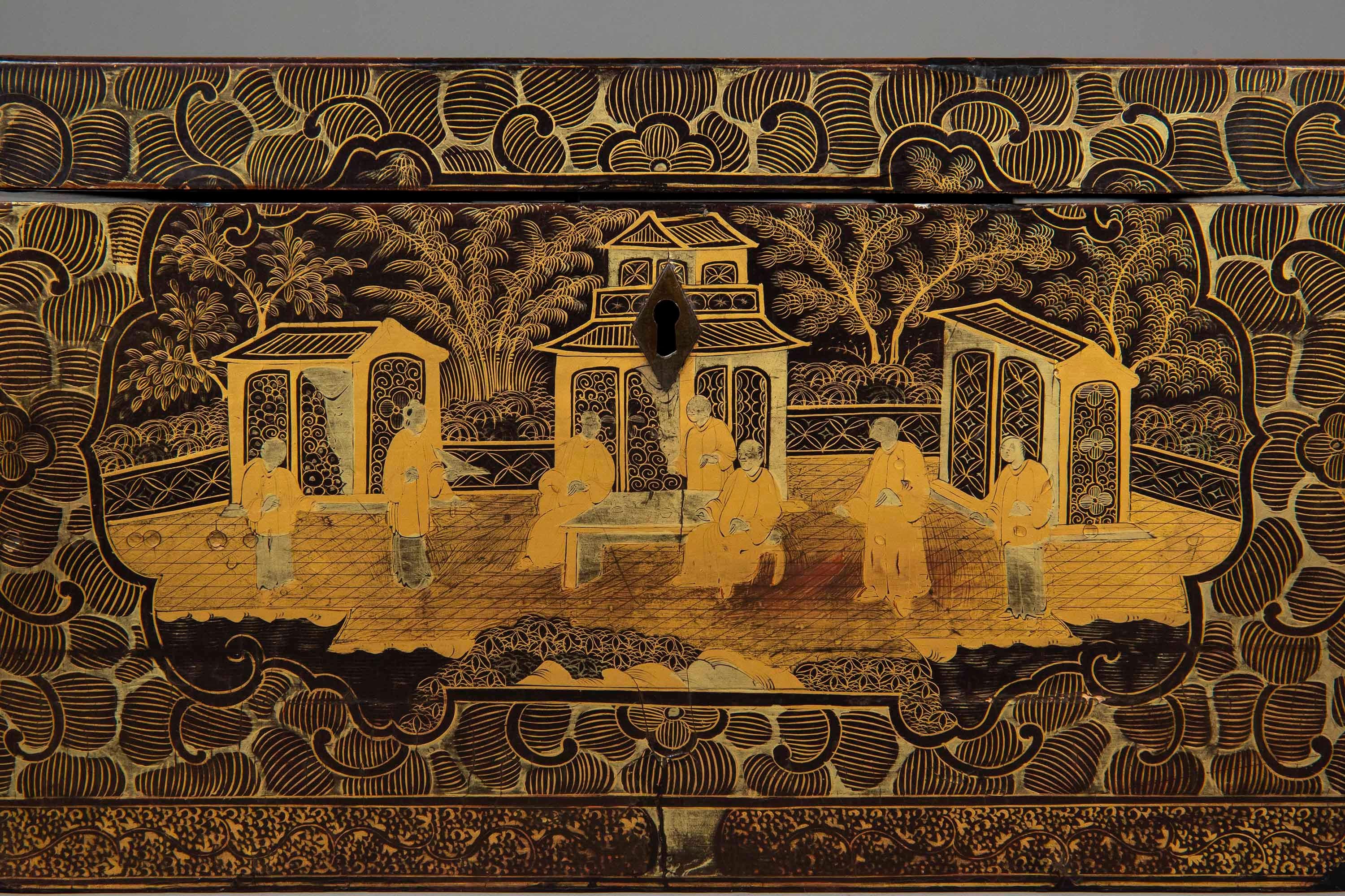 Asian Rare 19th Century Chinoiserie Black Lacquer Box, c. 1850 For Sale