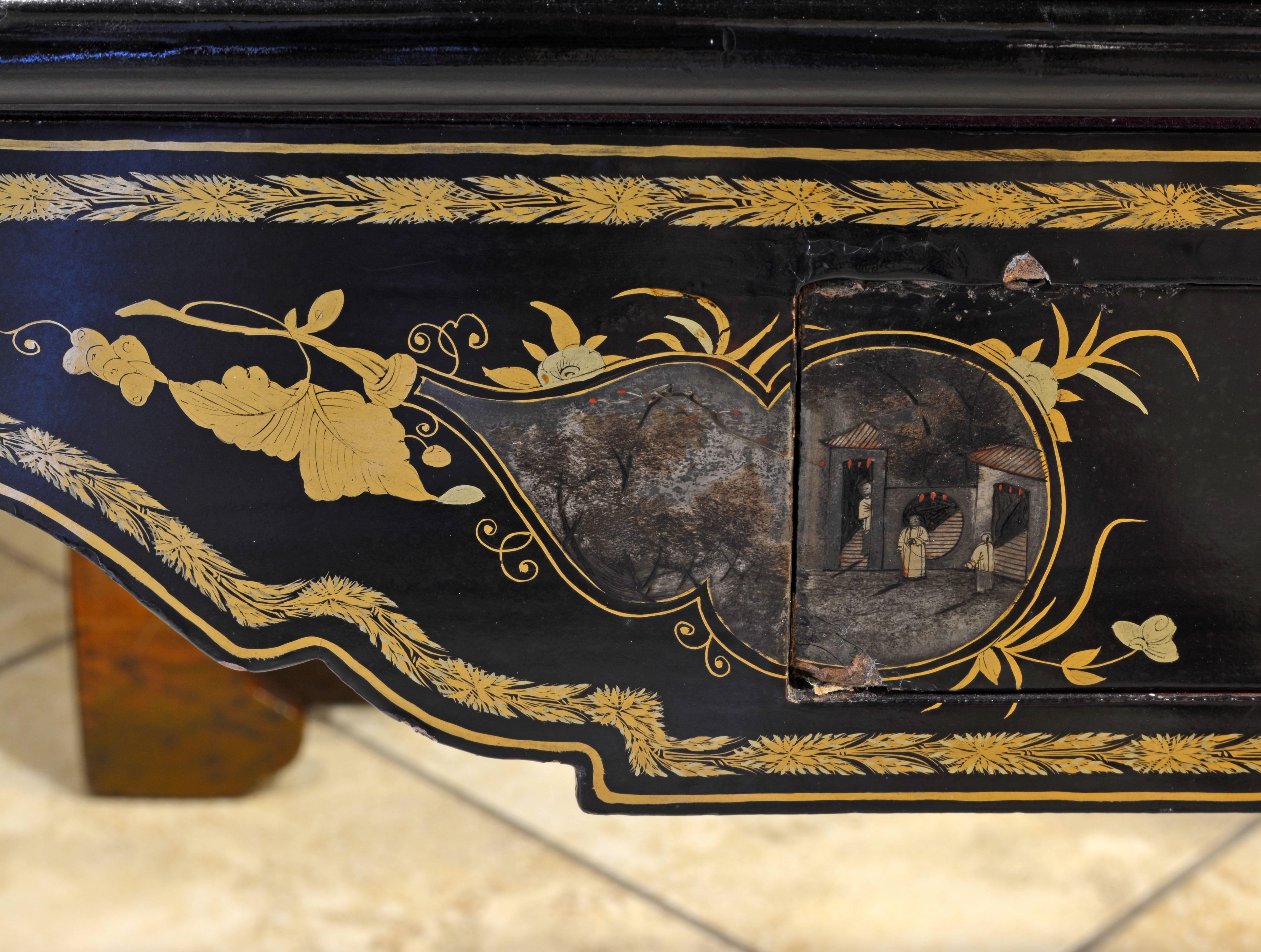 19th Century Chinese Export Black Lacquer, Gilt and Figural Painted Game Table 5