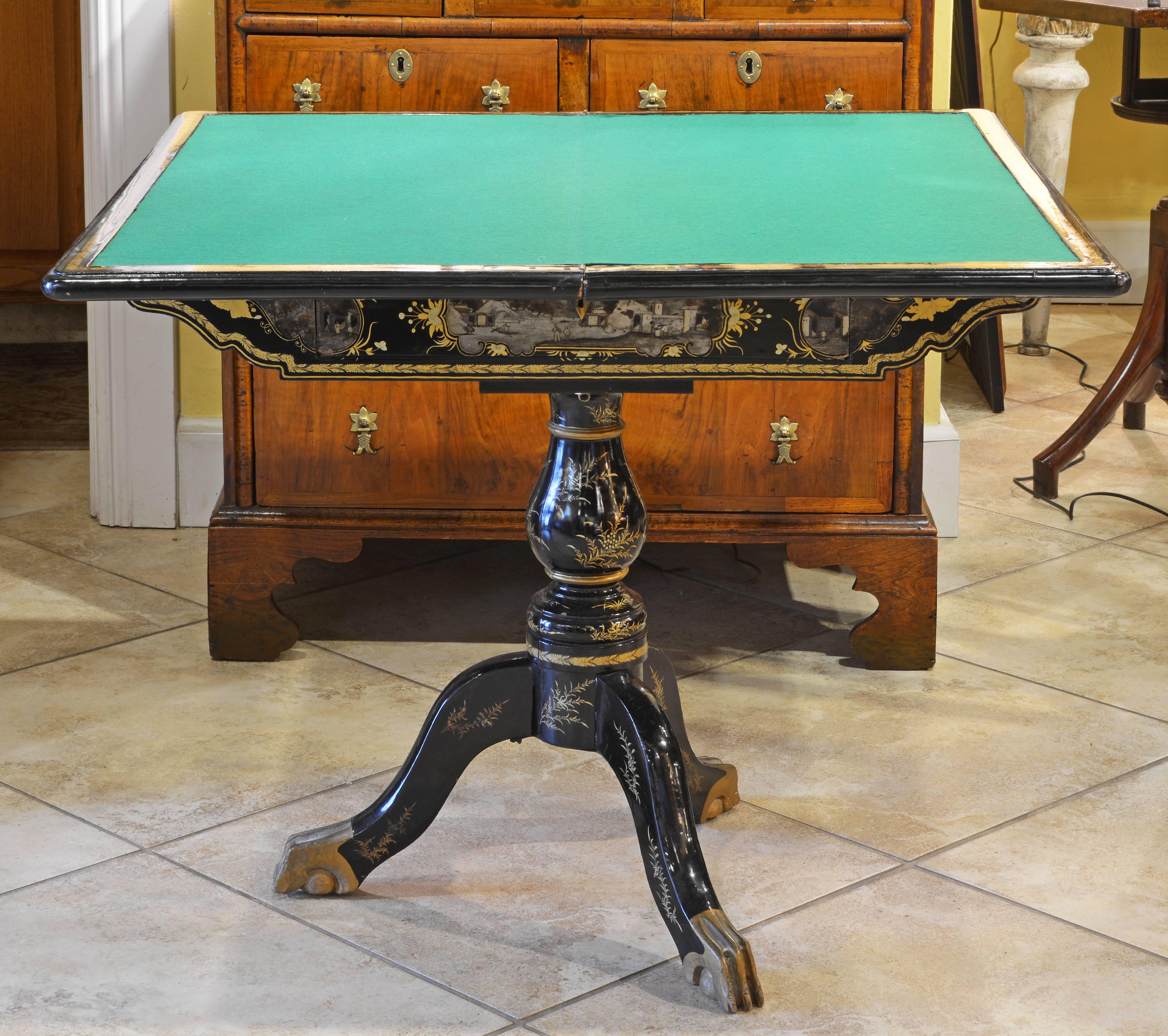 19th Century Chinese Export Black Lacquer, Gilt and Figural Painted Game Table 8