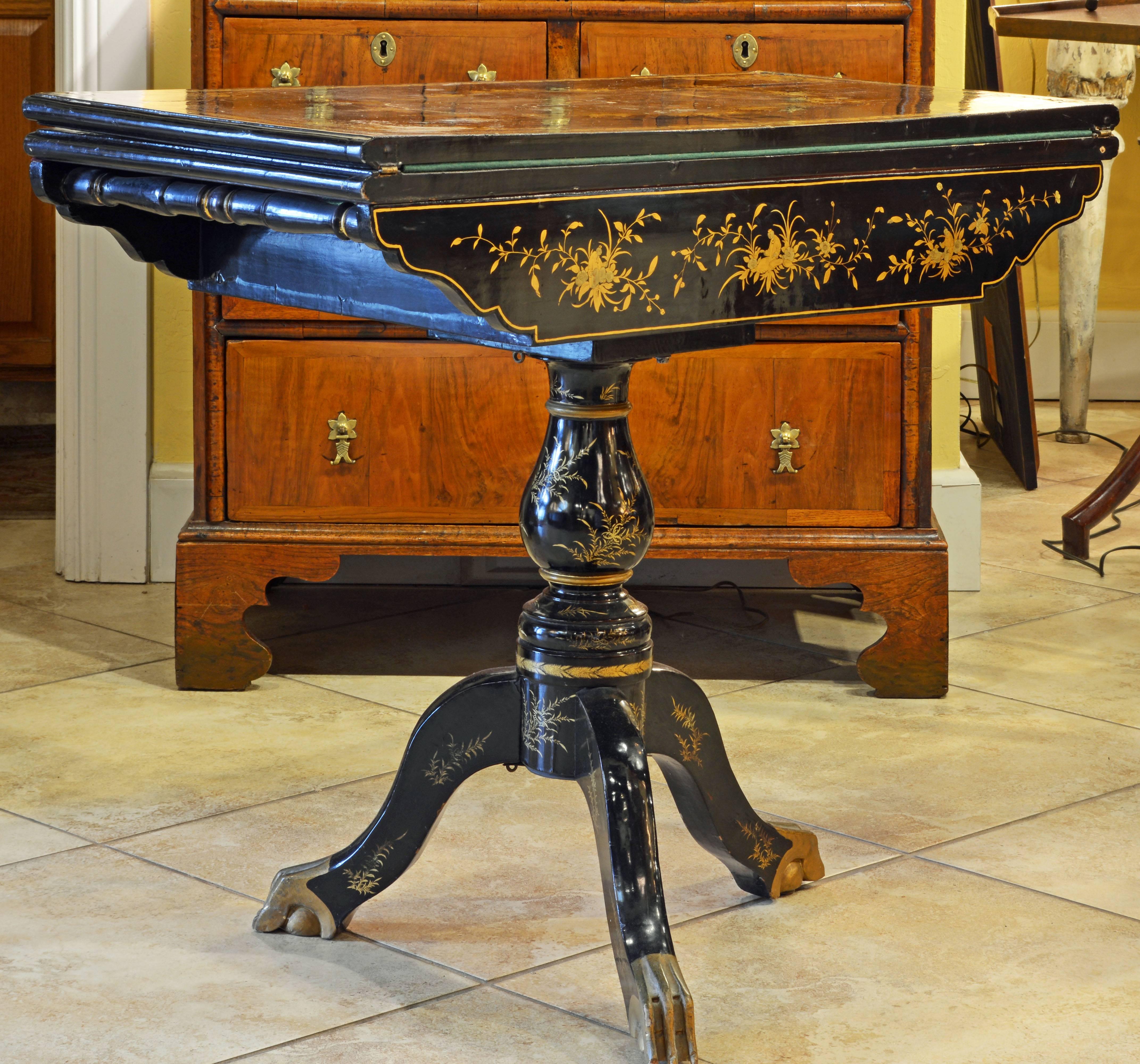 Hand-Painted 19th Century Chinese Export Black Lacquer, Gilt and Figural Painted Game Table