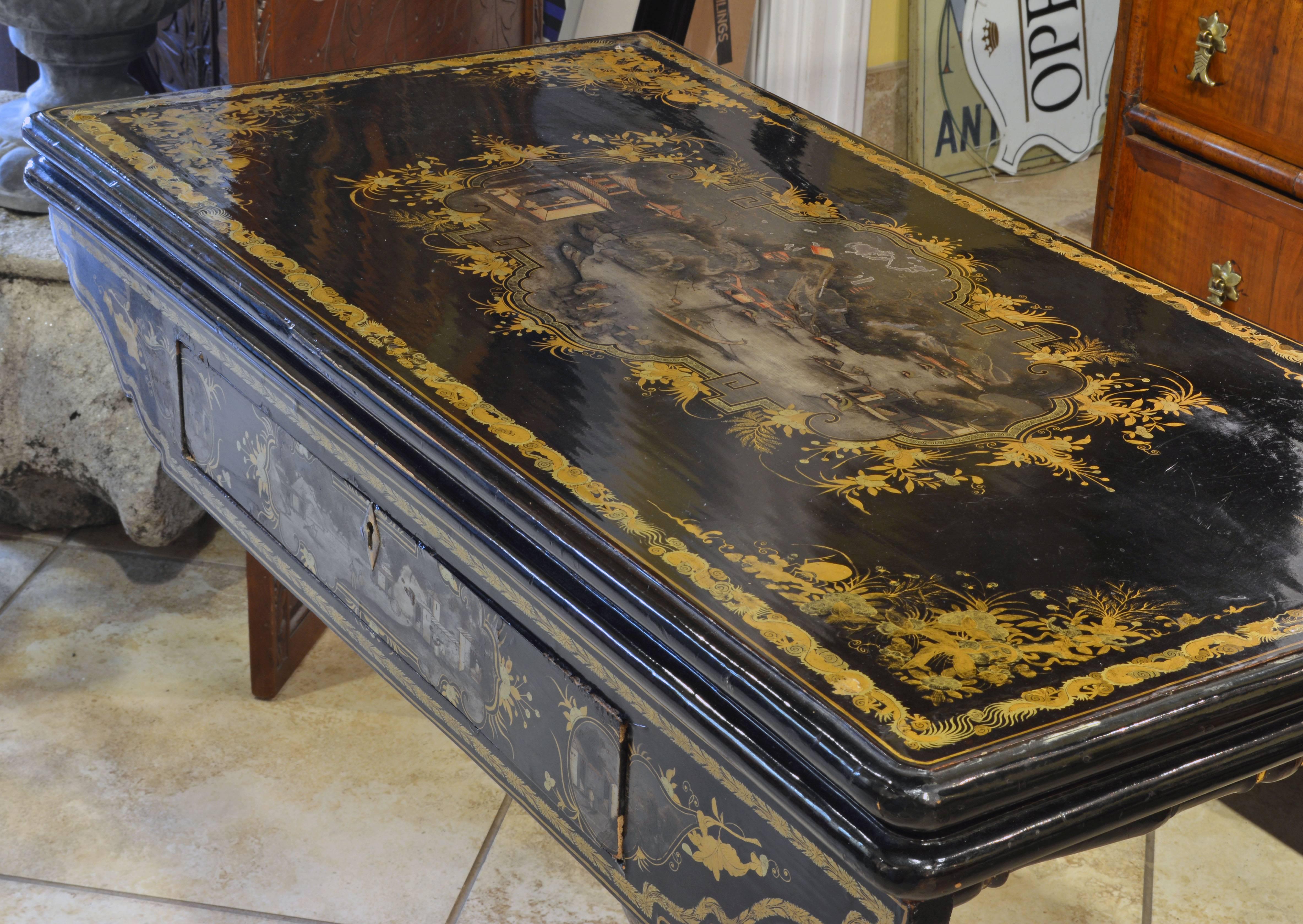 19th Century Chinese Export Black Lacquer, Gilt and Figural Painted Game Table In Good Condition In Ft. Lauderdale, FL