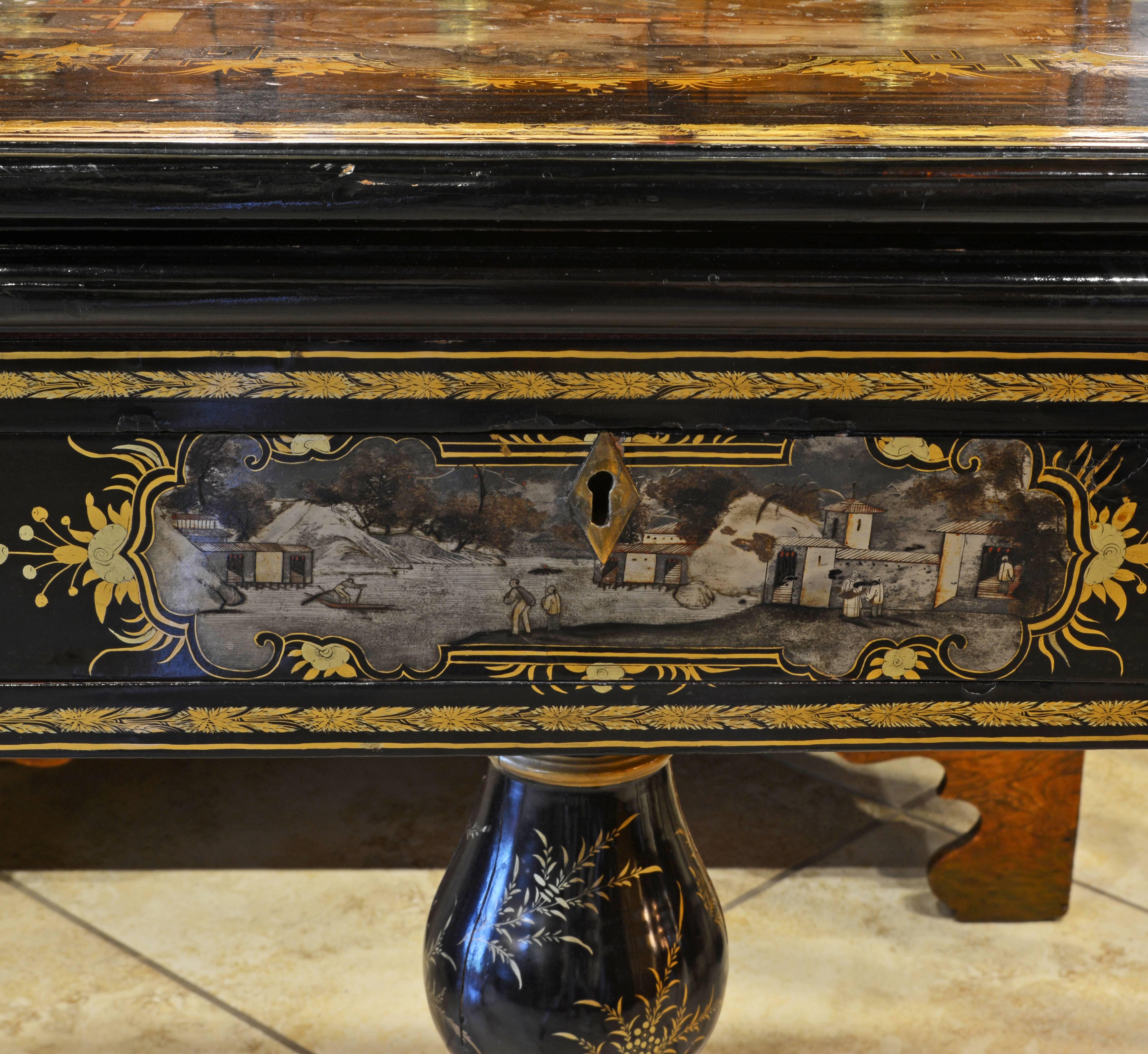 19th Century Chinese Export Black Lacquer, Gilt and Figural Painted Game Table 2