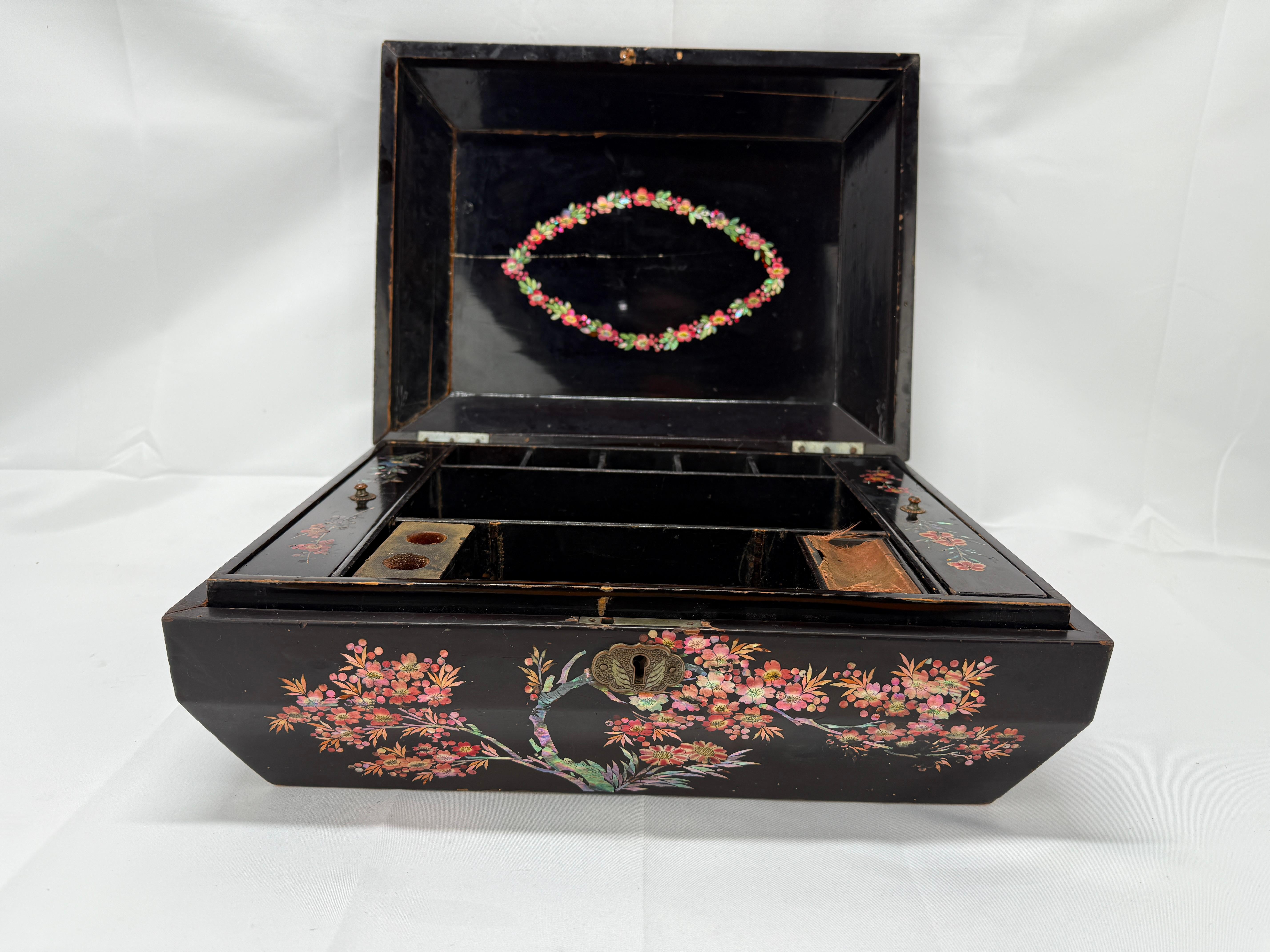 19th Century Chinese Export Black Lacquer & Mother Of Pearl Sewing Box For Sale 1