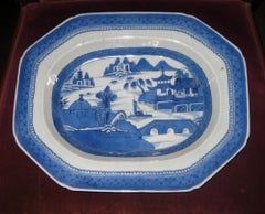 19th century Chinese Export Blue and White Canton Ware Deep Platter