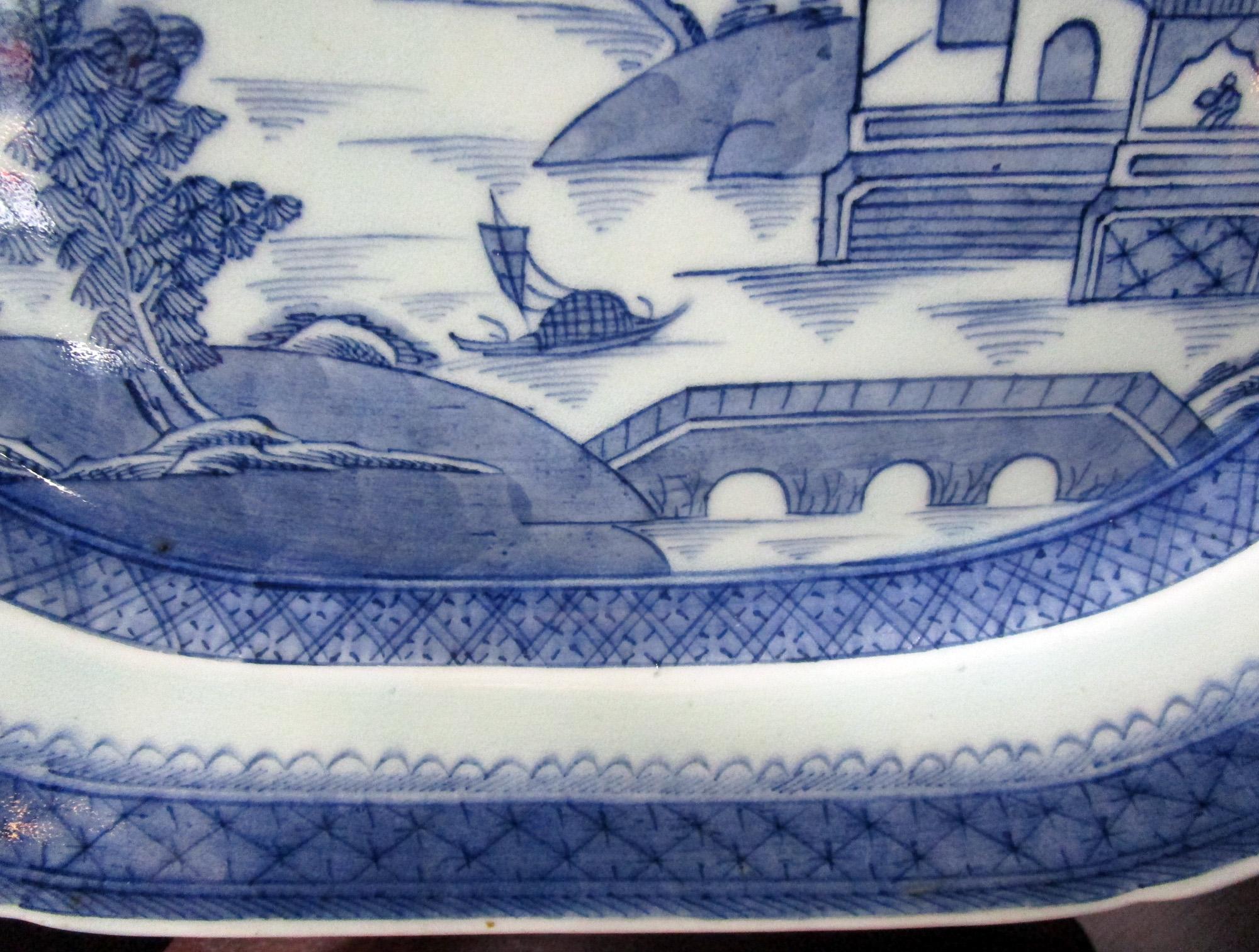 Painted 19th Century Chinese Export Blue and White Canton Ware Platter