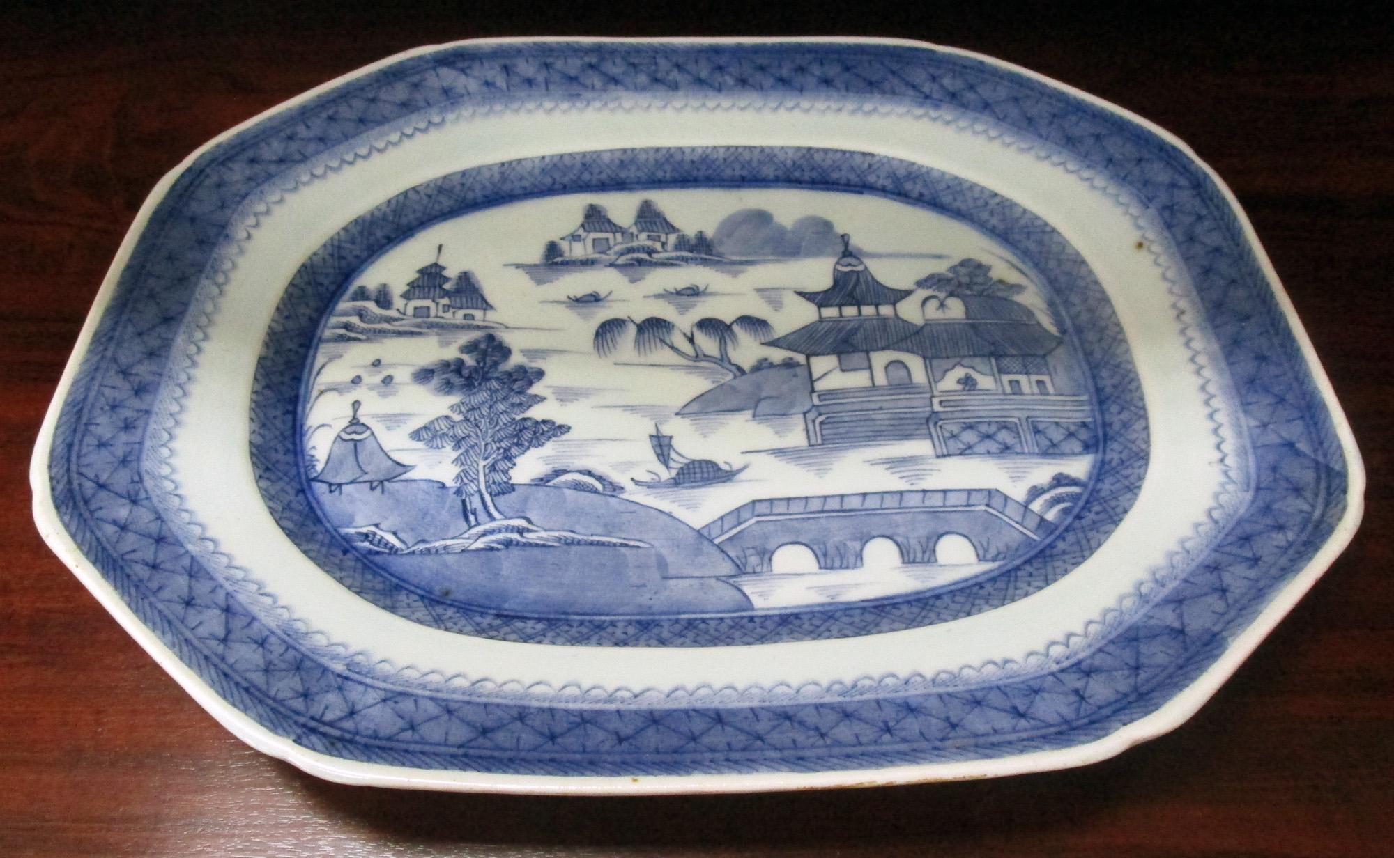 Porcelain 19th Century Chinese Export Blue and White Canton Ware Platter