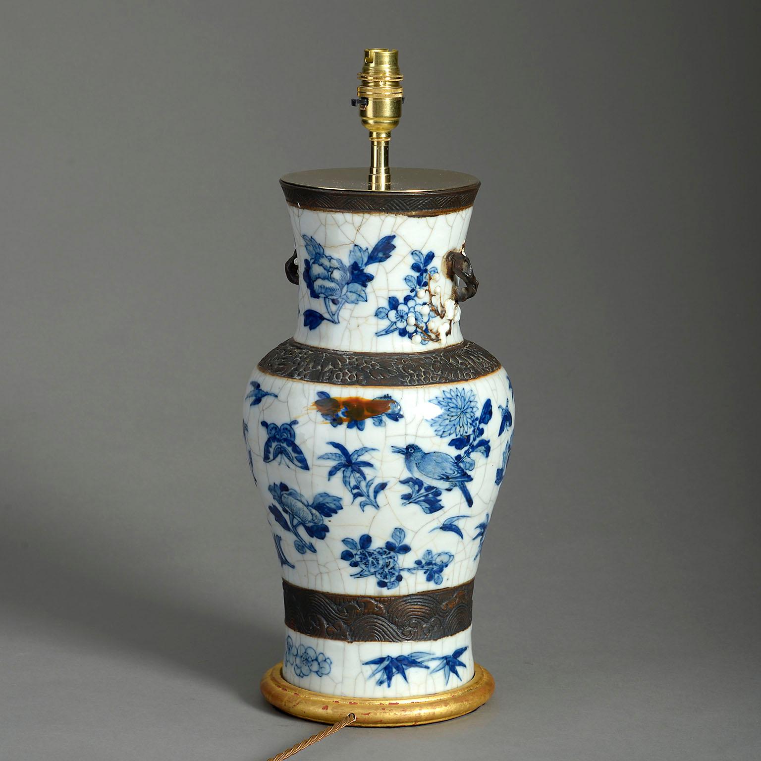19th Century Chinese Export Blue and White Crackle Glazed Vase Lamp In Good Condition In London, GB