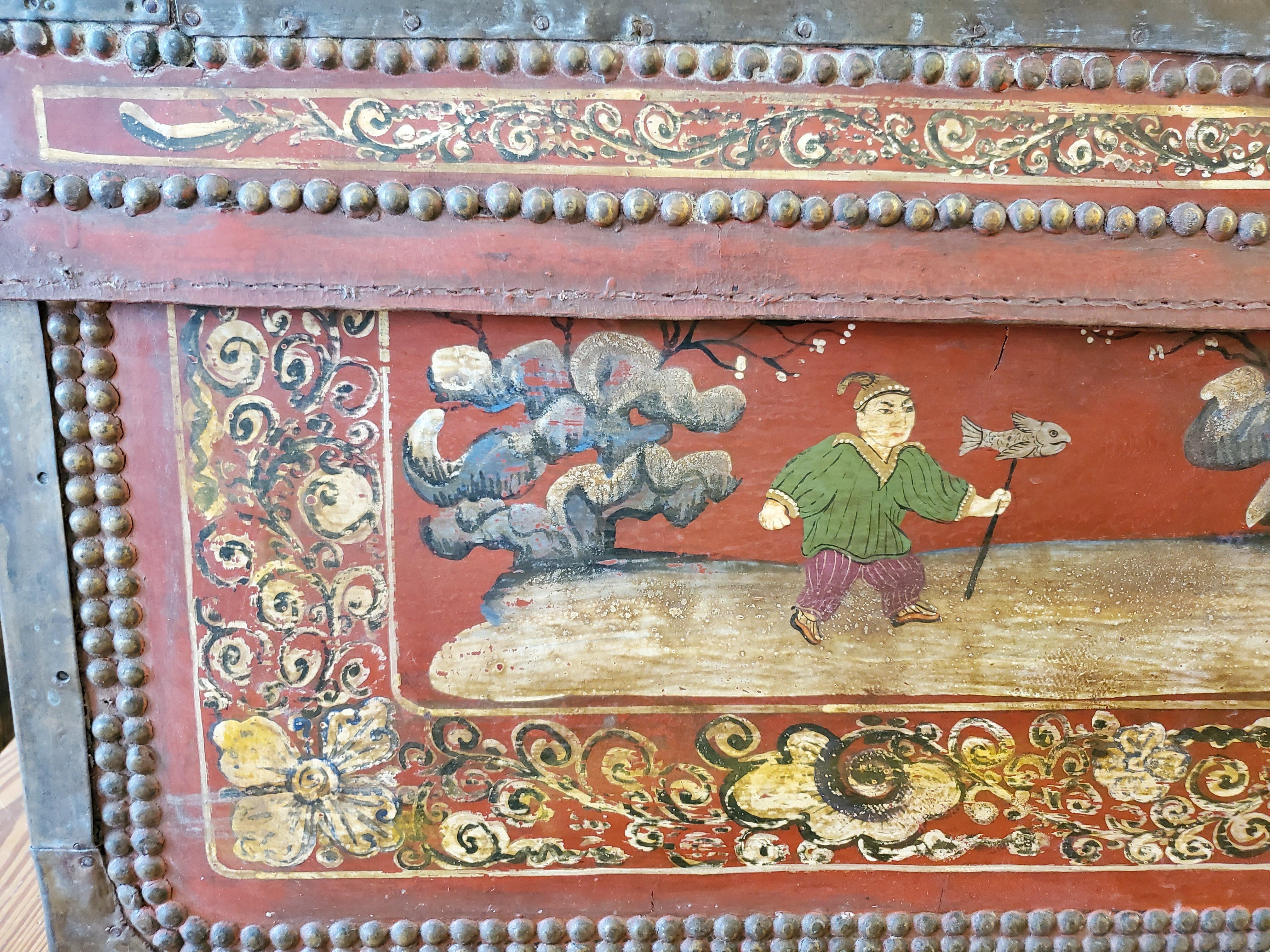 19th Century Chinese Export Brass Bound Leather Trunk with Hand Painted Designs 9