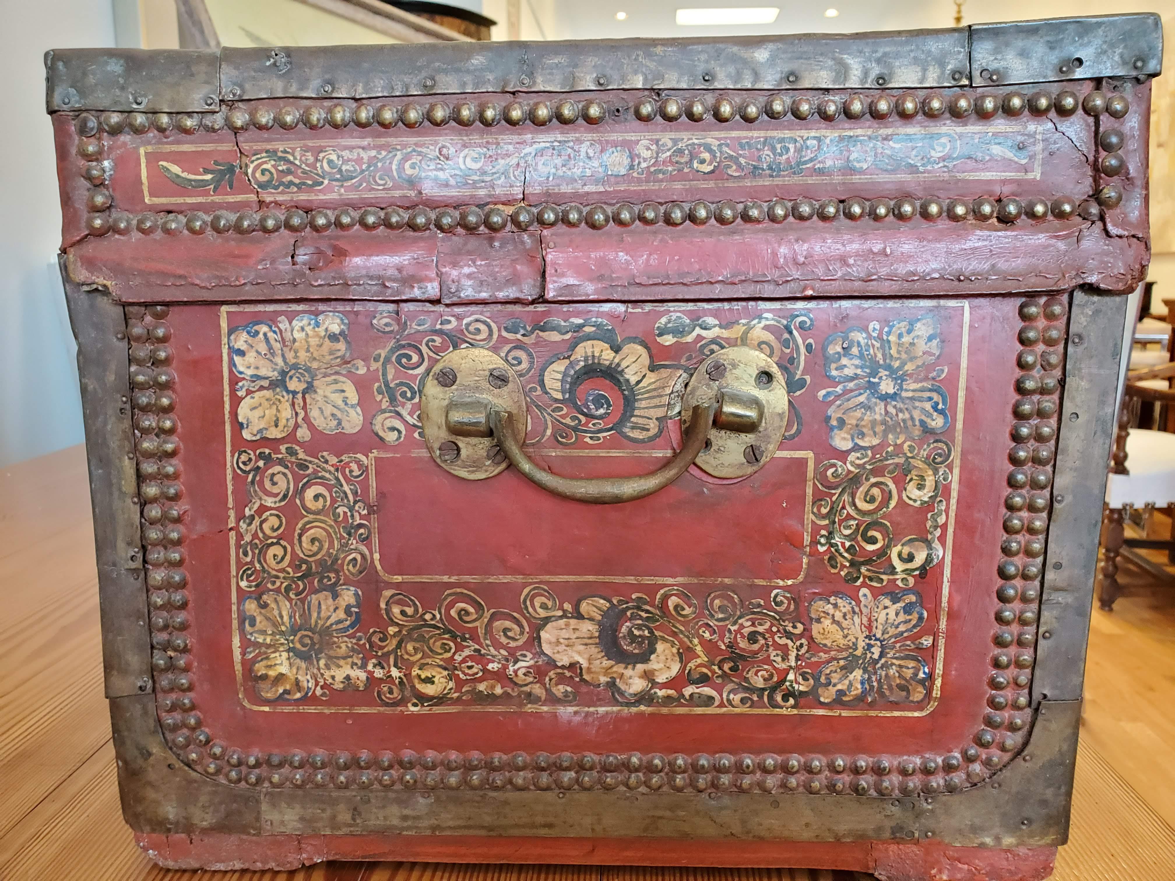 19th Century Chinese Export Brass Bound Leather Trunk with Hand Painted Designs 12
