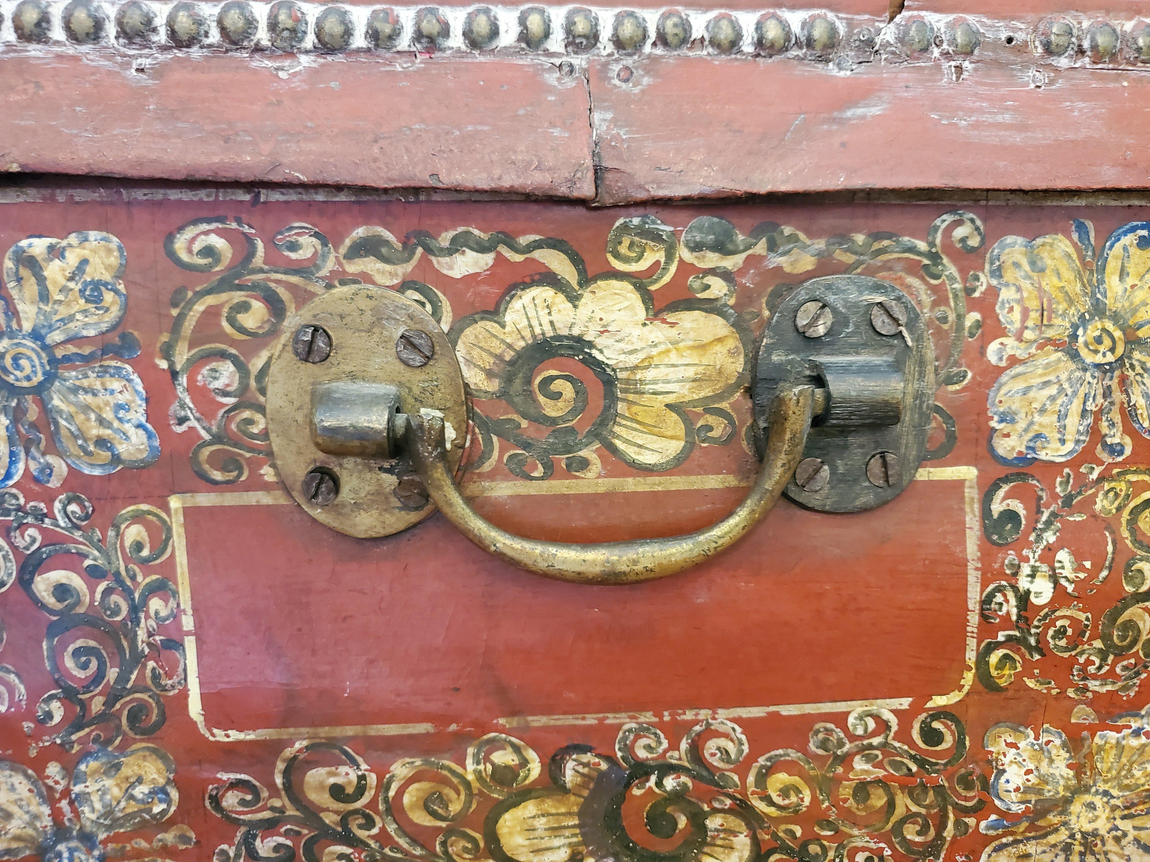 19th Century Chinese Export Brass Bound Leather Trunk with Hand Painted Designs 13