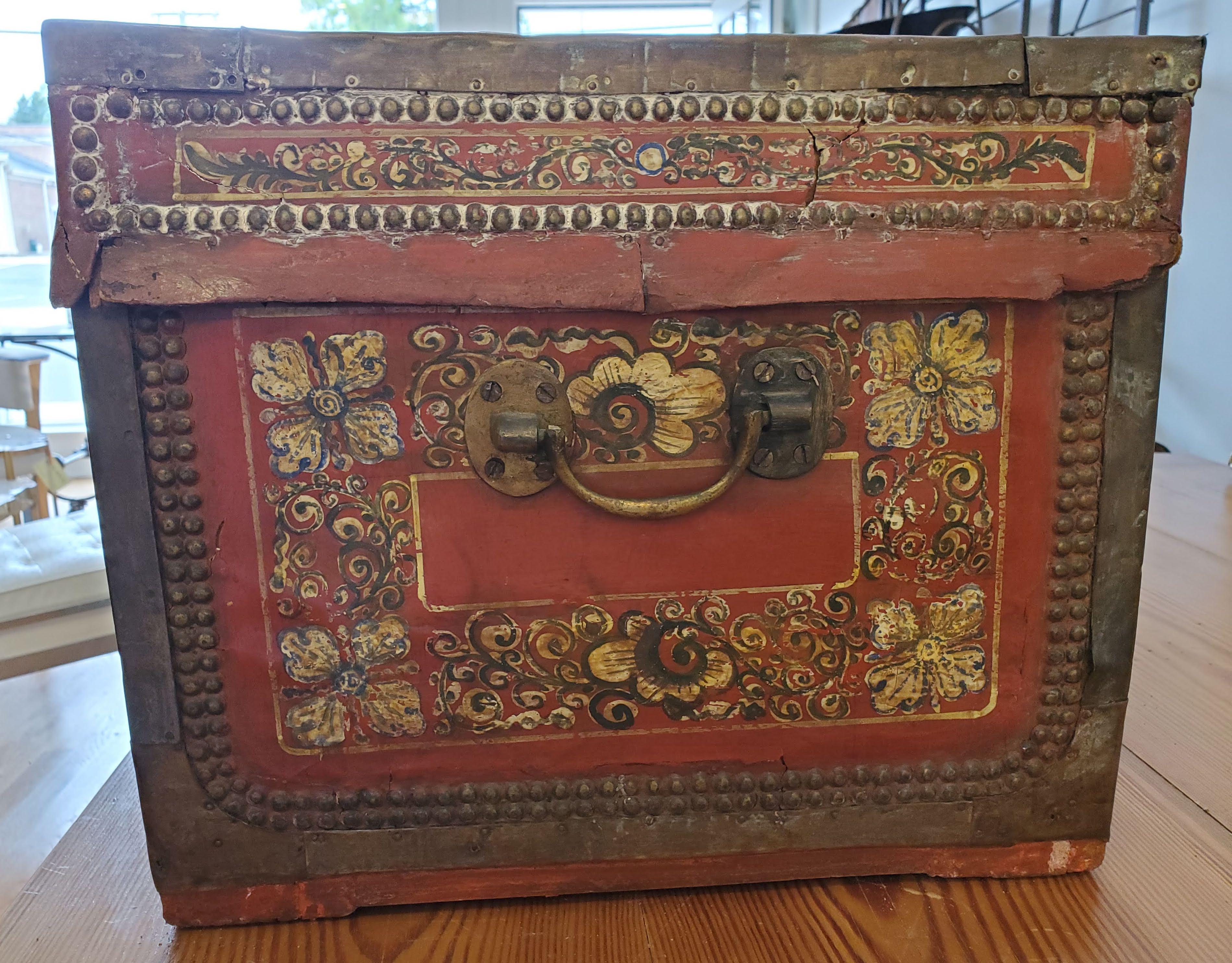 19th Century Chinese Export Brass Bound Leather Trunk with Hand Painted Designs 14