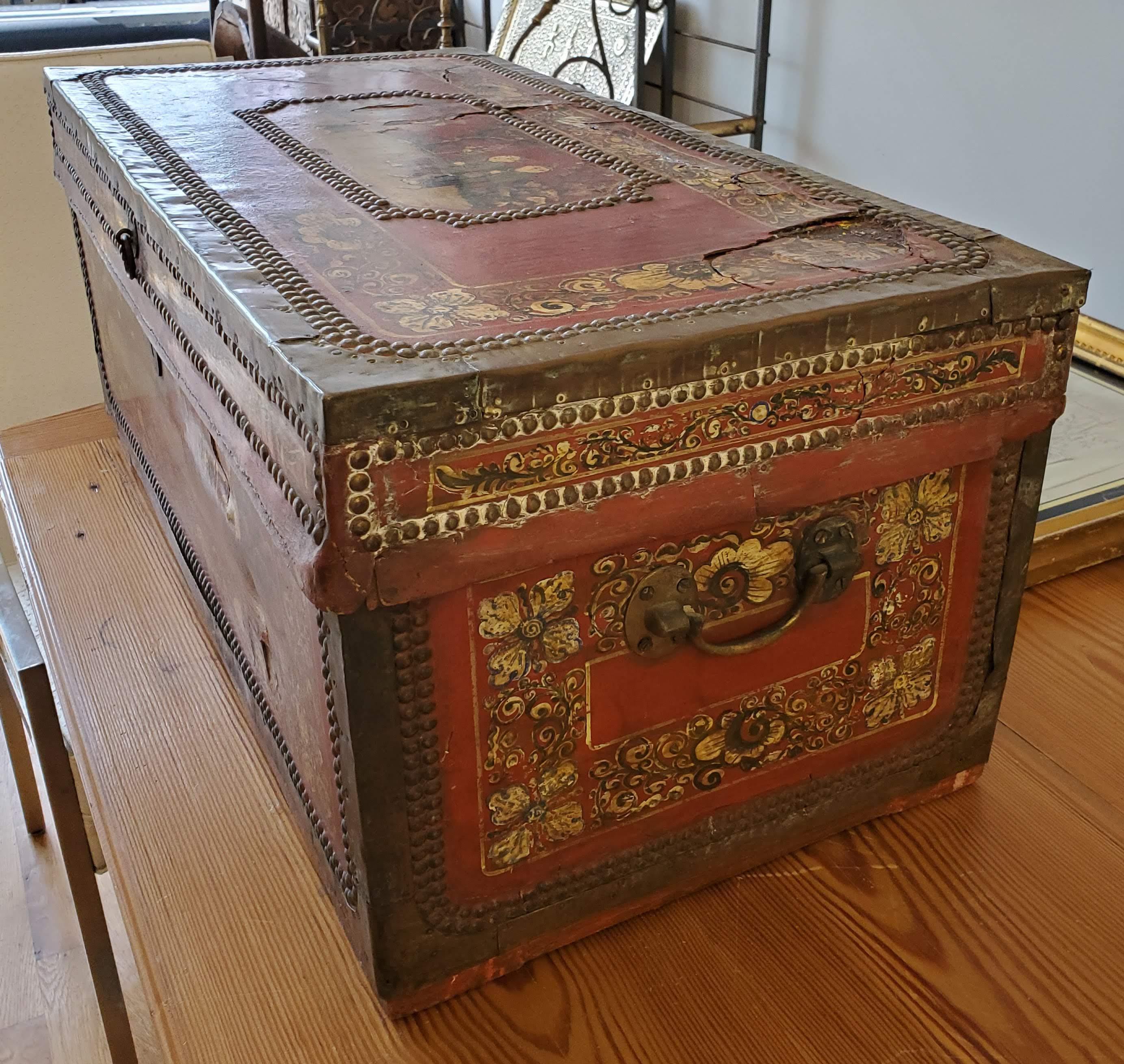 Hand-Painted 19th Century Chinese Export Brass Bound Leather Trunk with Hand Painted Designs