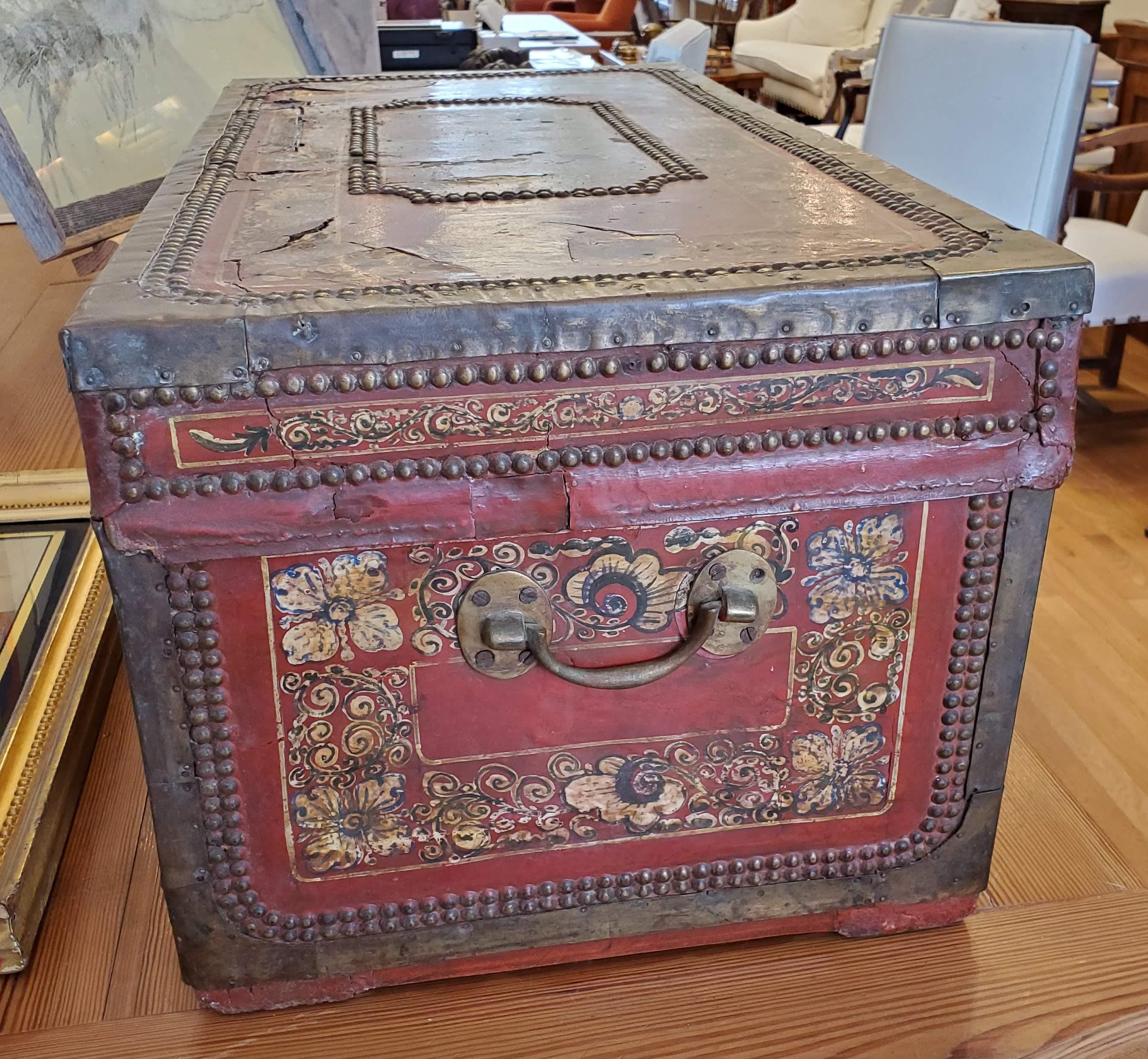 19th Century Chinese Export Brass Bound Leather Trunk with Hand Painted Designs 1