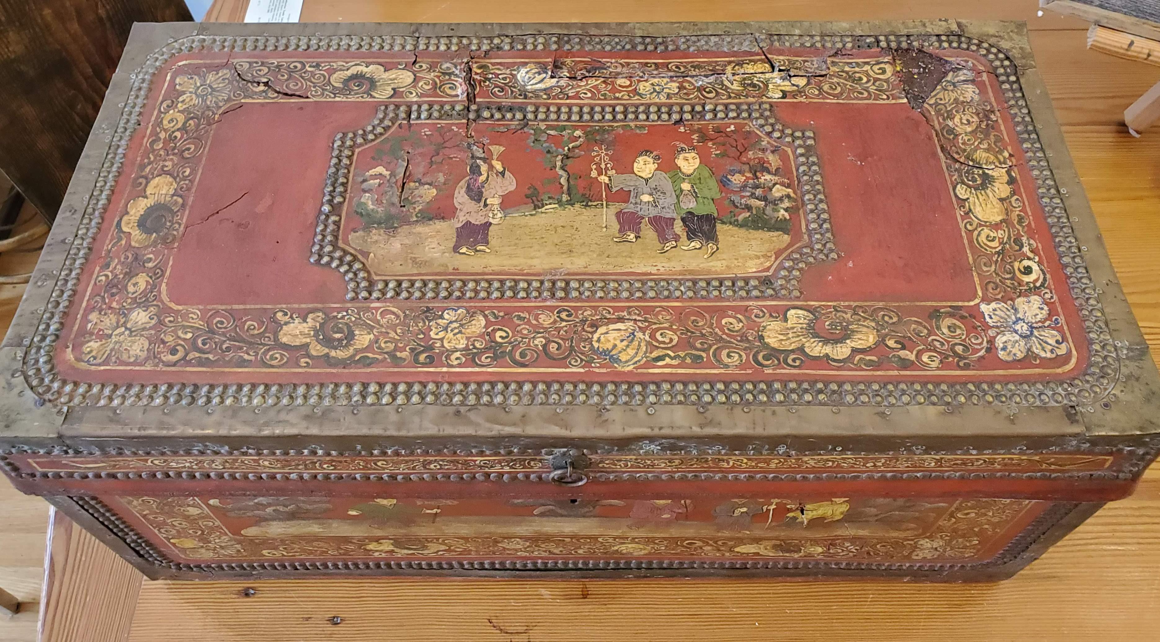 19th Century Chinese Export Brass Bound Leather Trunk with Hand Painted Designs 2