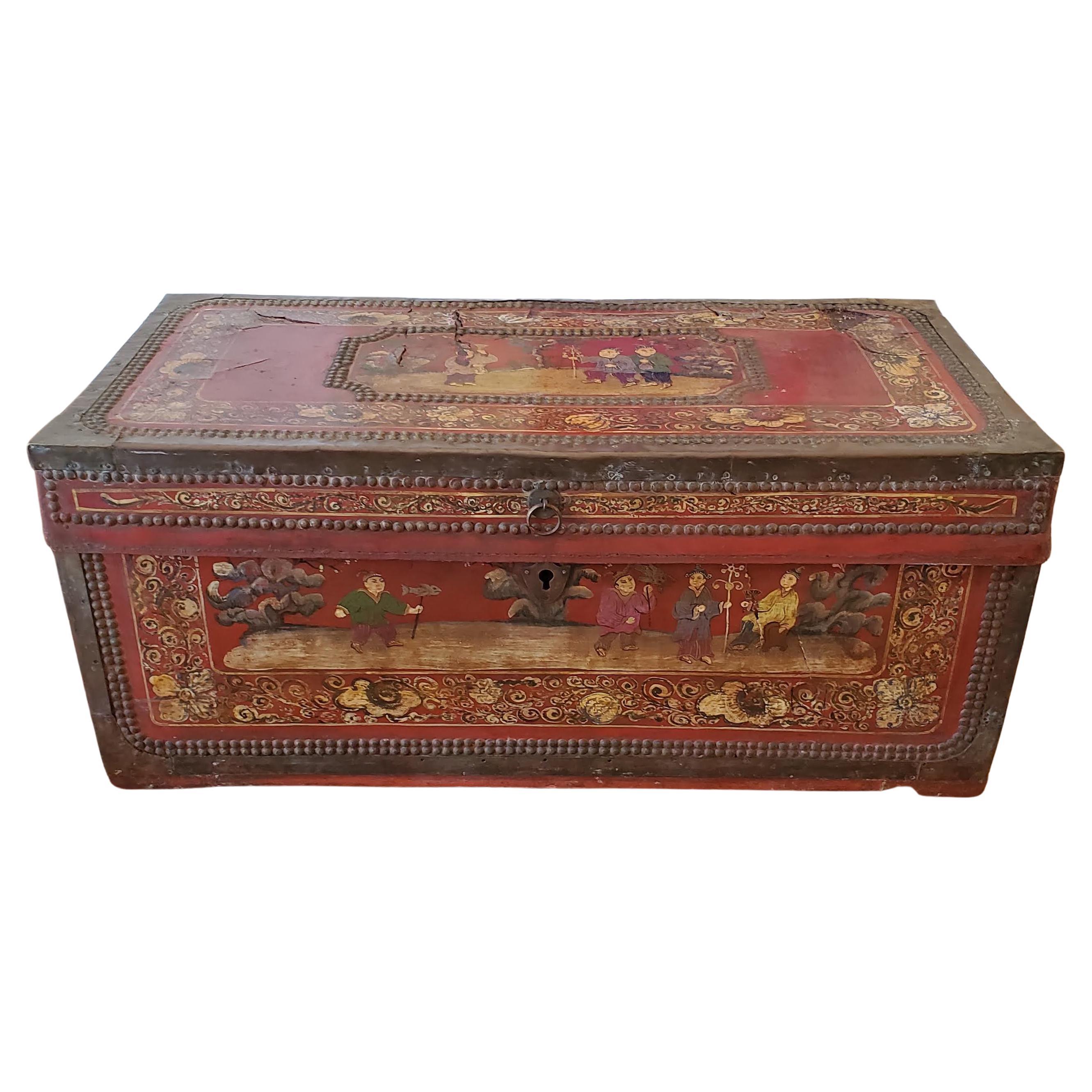 19th Century Chinese Export Brass Bound Leather Trunk with Hand Painted Designs