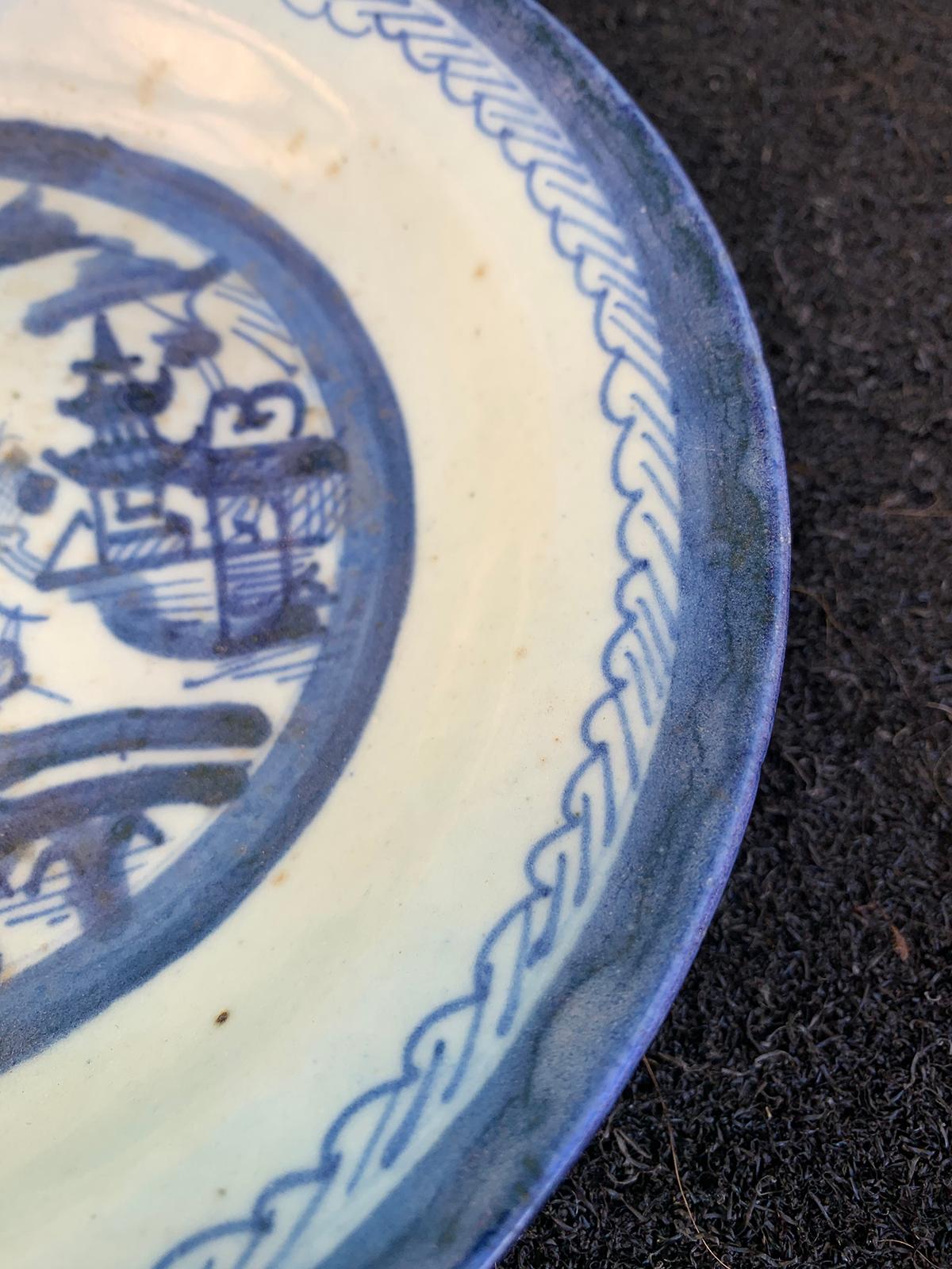 19th Century Chinese Export Canton Ware Blue & White Porcelain Plate, Unmarked For Sale 5