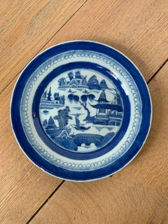 19th Century Chinese Export Canton Ware Blue & White Porcelain Plate, Unmarked