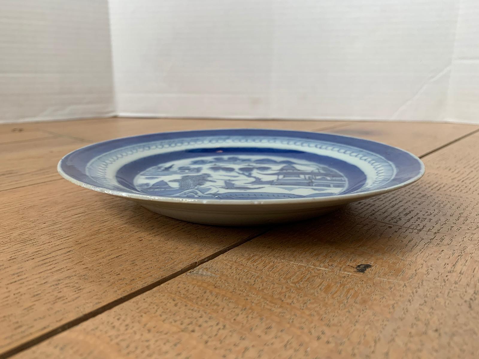 19th Century Chinese Export Canton Ware Blue & White Porcelain Plate, Unmarked In Good Condition In Atlanta, GA