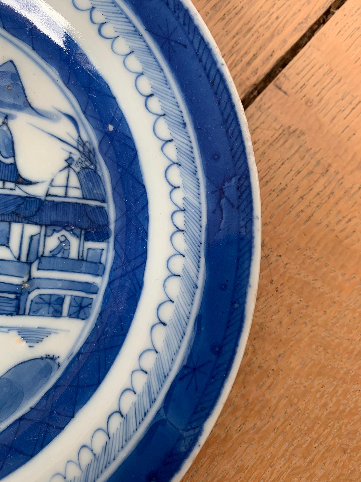 19th Century Chinese Export Canton Ware Blue & White Porcelain Plate, Unmarked 2