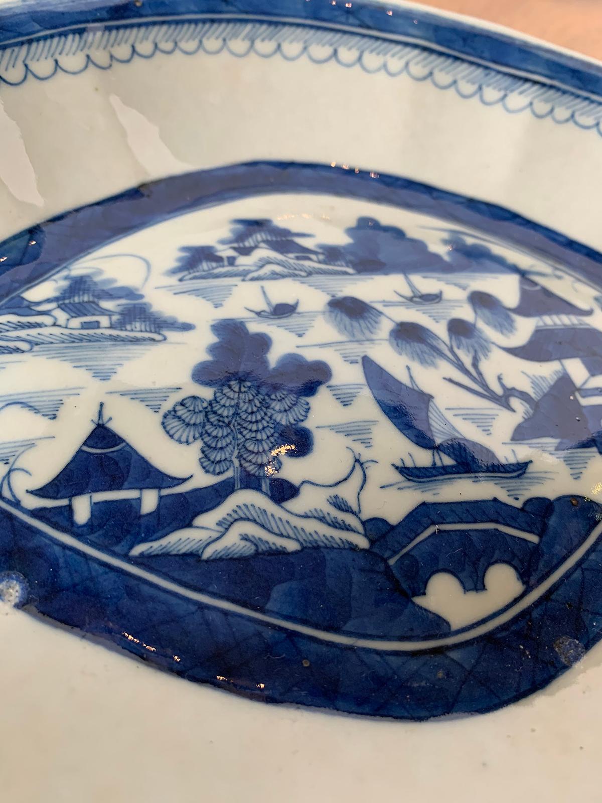 19th Century Chinese Export Canton Ware Oval Blue and White Porcelain Plate 7