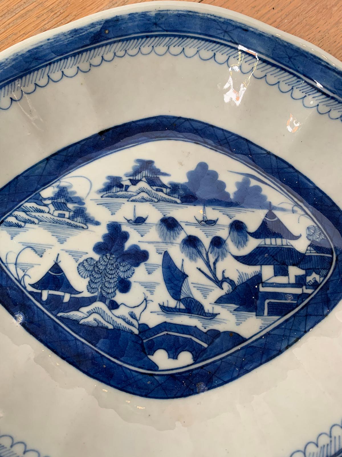 19th Century Chinese Export Canton Ware Oval Blue and White Porcelain Plate 4