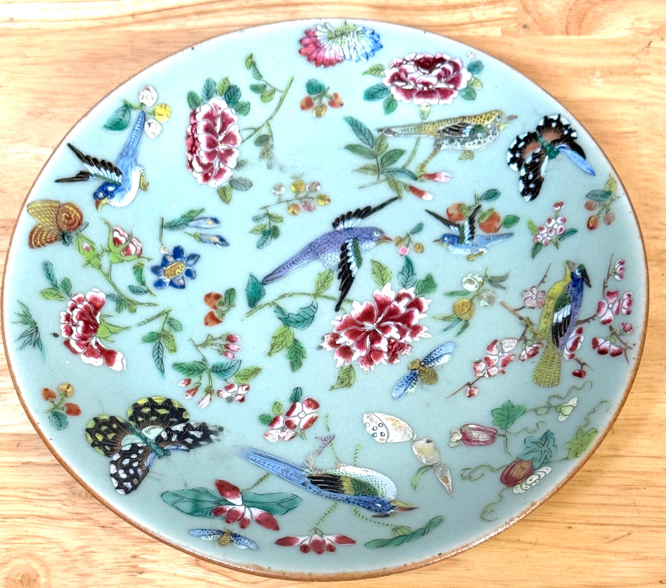 Enameled 19th Century Chinese Export Celadon Plate with Enamel Decoration For Sale