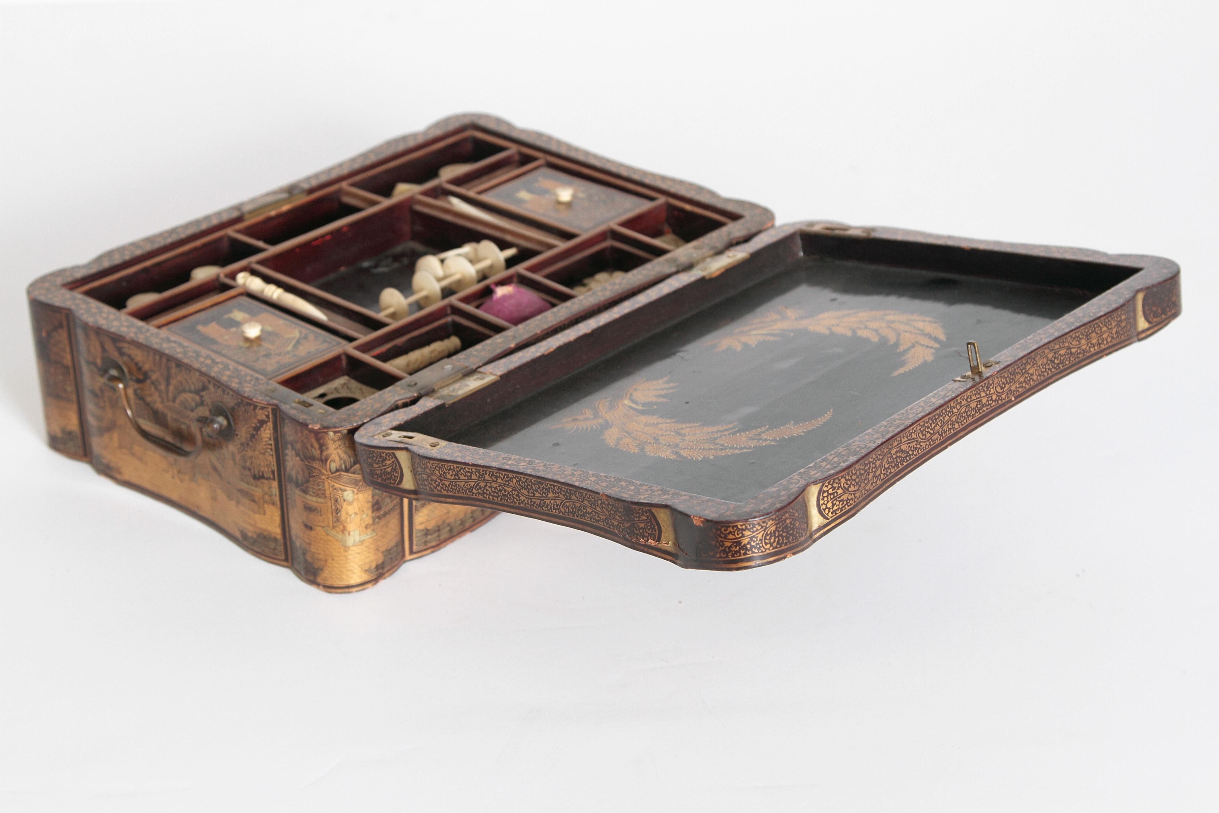 19th Century Chinese Export Chinoiserie Lacquer Sewing Box 5