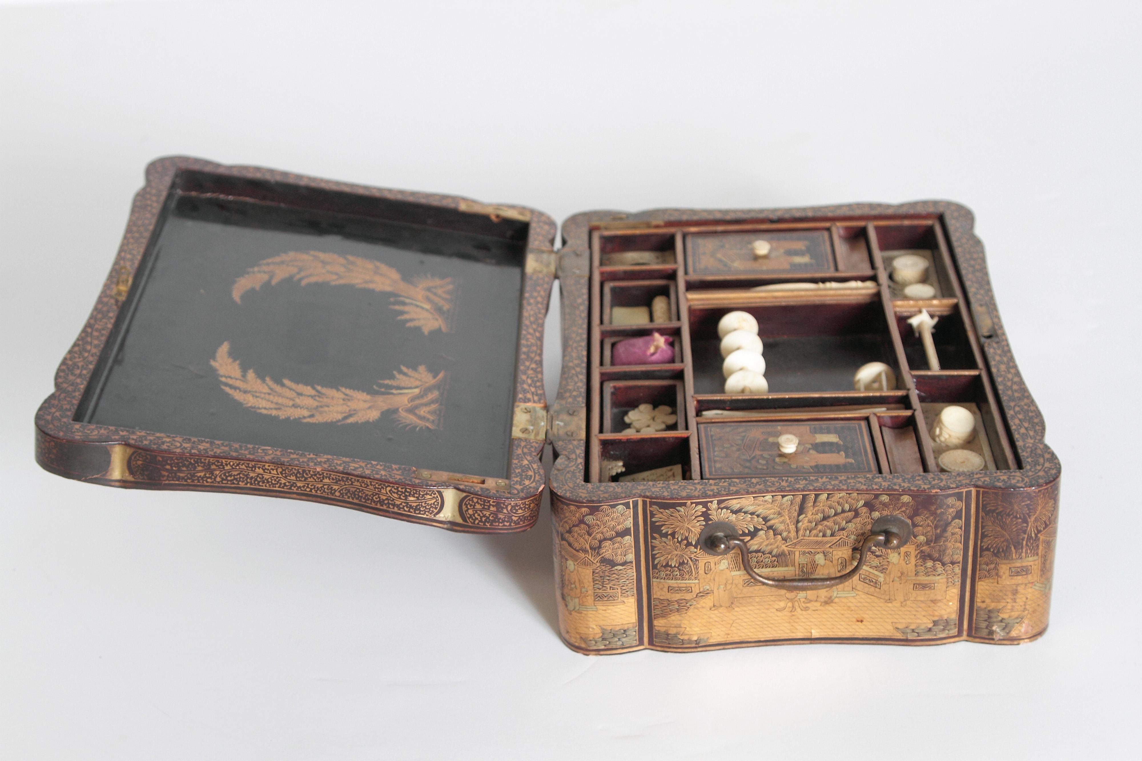 19th Century Chinese Export Chinoiserie Lacquer Sewing Box 8
