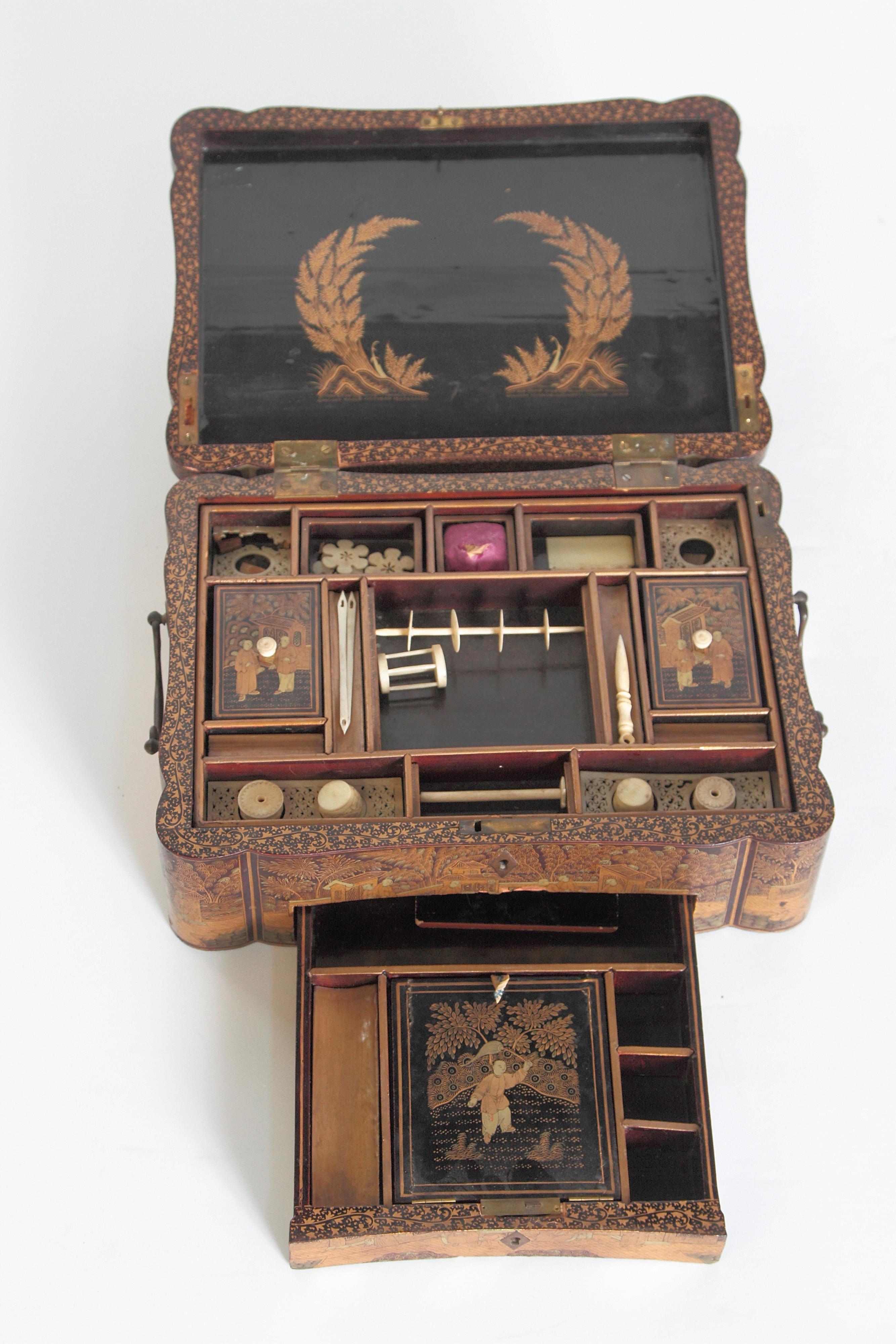 19th Century Chinese Export Chinoiserie Lacquer Sewing Box 9
