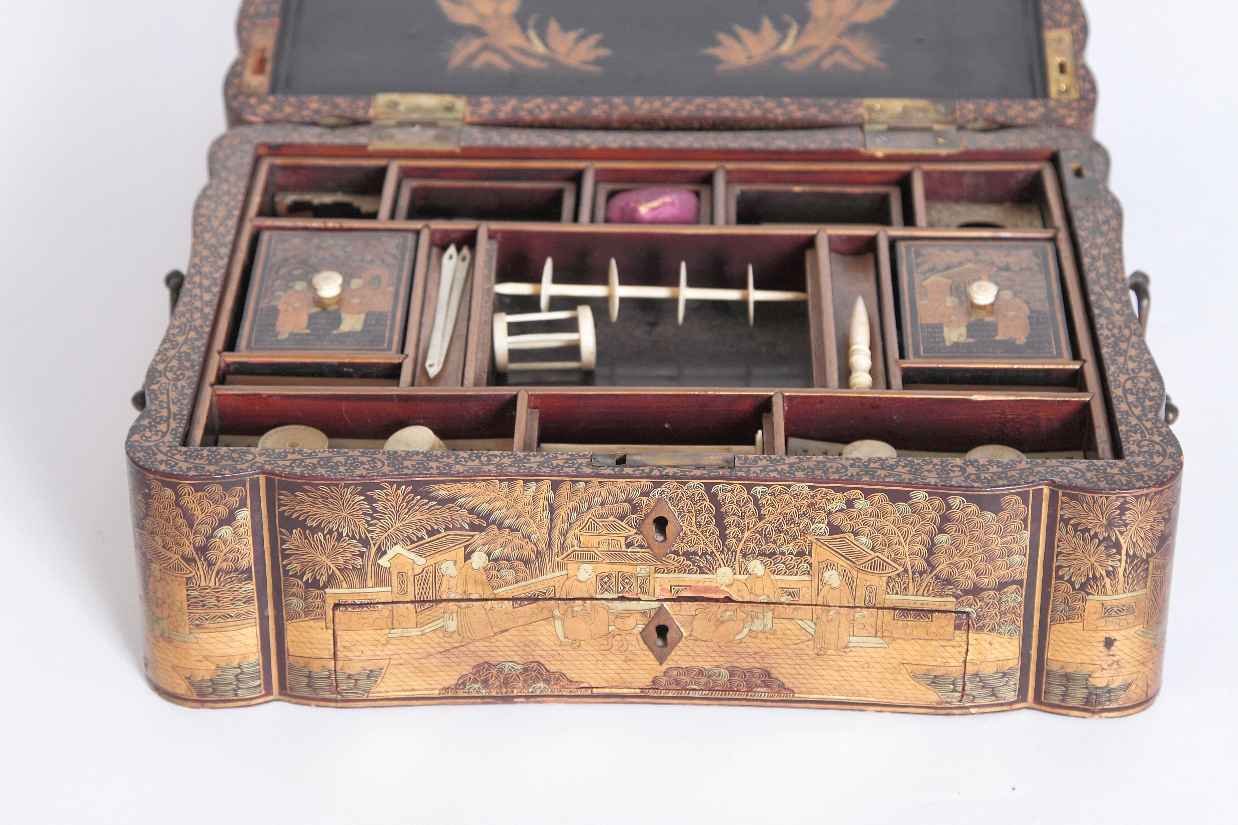 19th Century Chinese Export Chinoiserie Lacquer Sewing Box 11