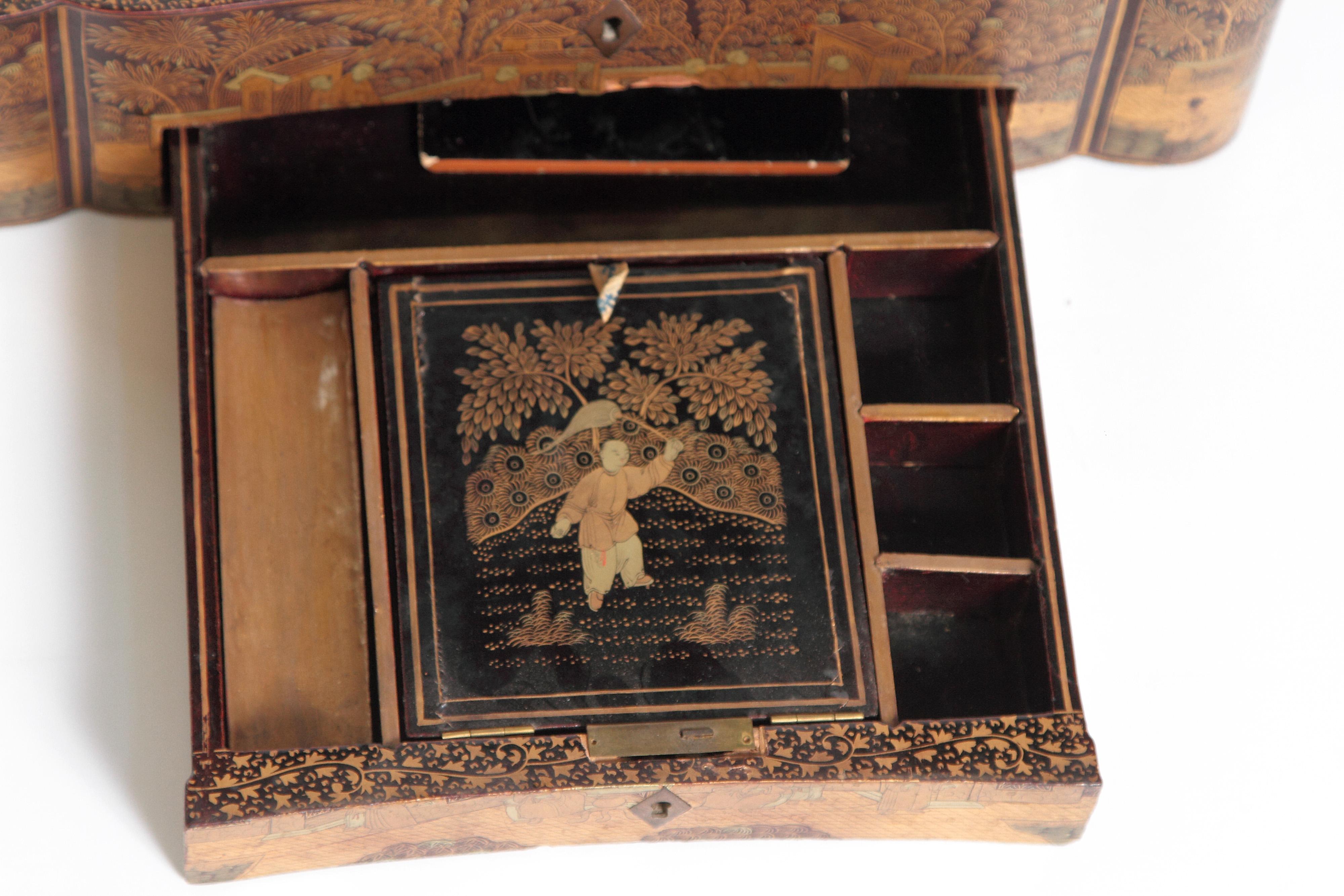 19th Century Chinese Export Chinoiserie Lacquer Sewing Box 12