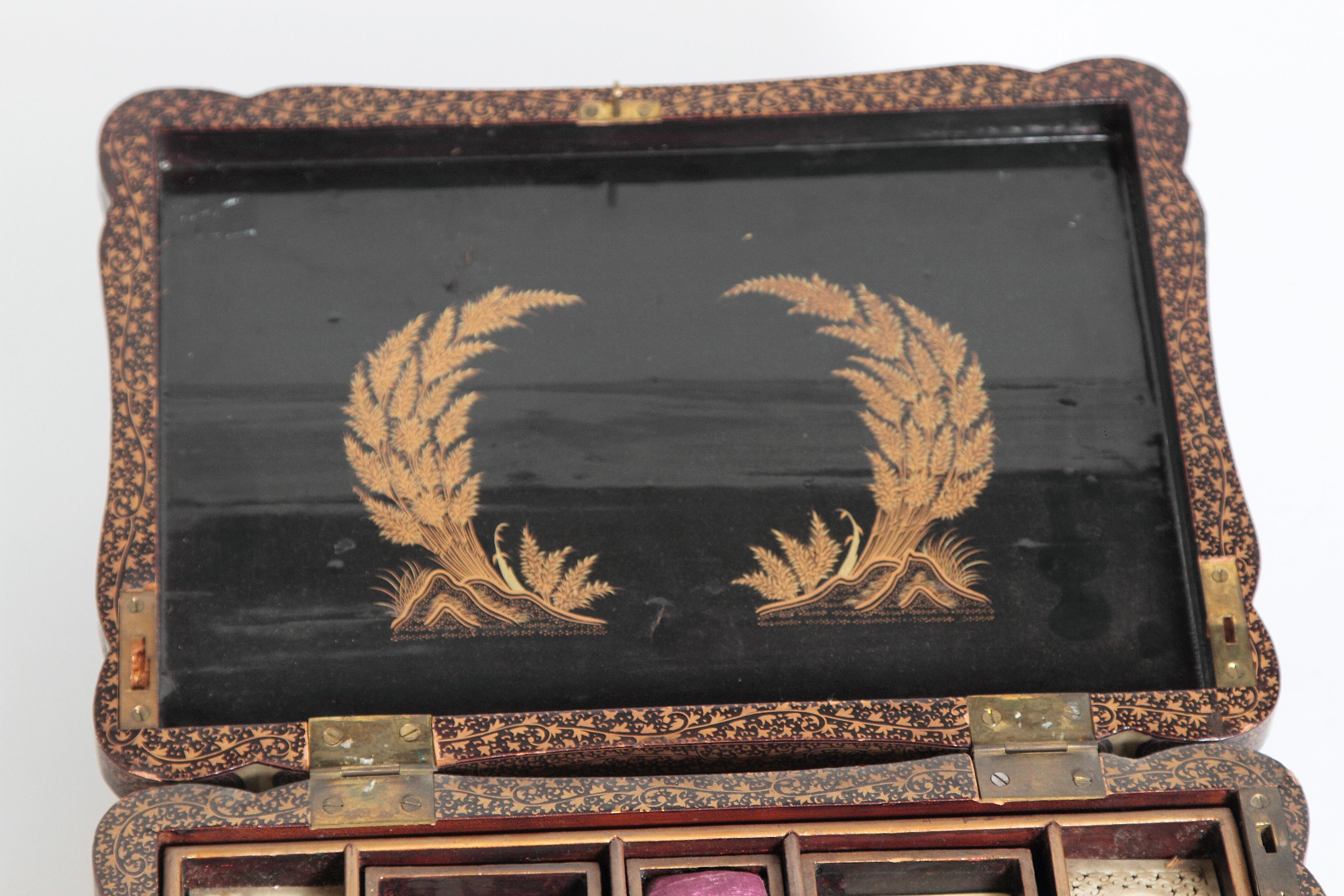 19th Century Chinese Export Chinoiserie Lacquer Sewing Box 13