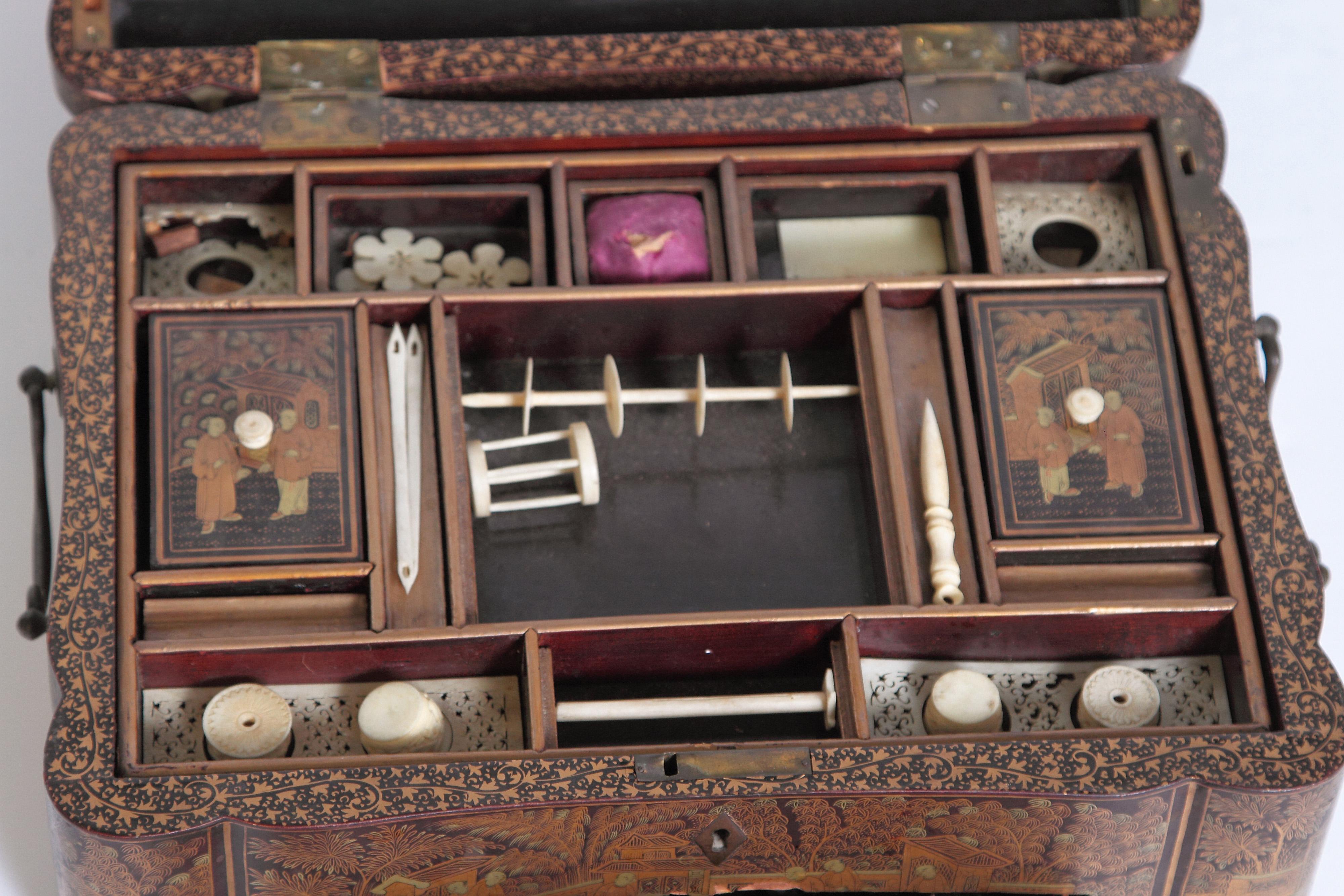 19th Century Chinese Export Chinoiserie Lacquer Sewing Box 14