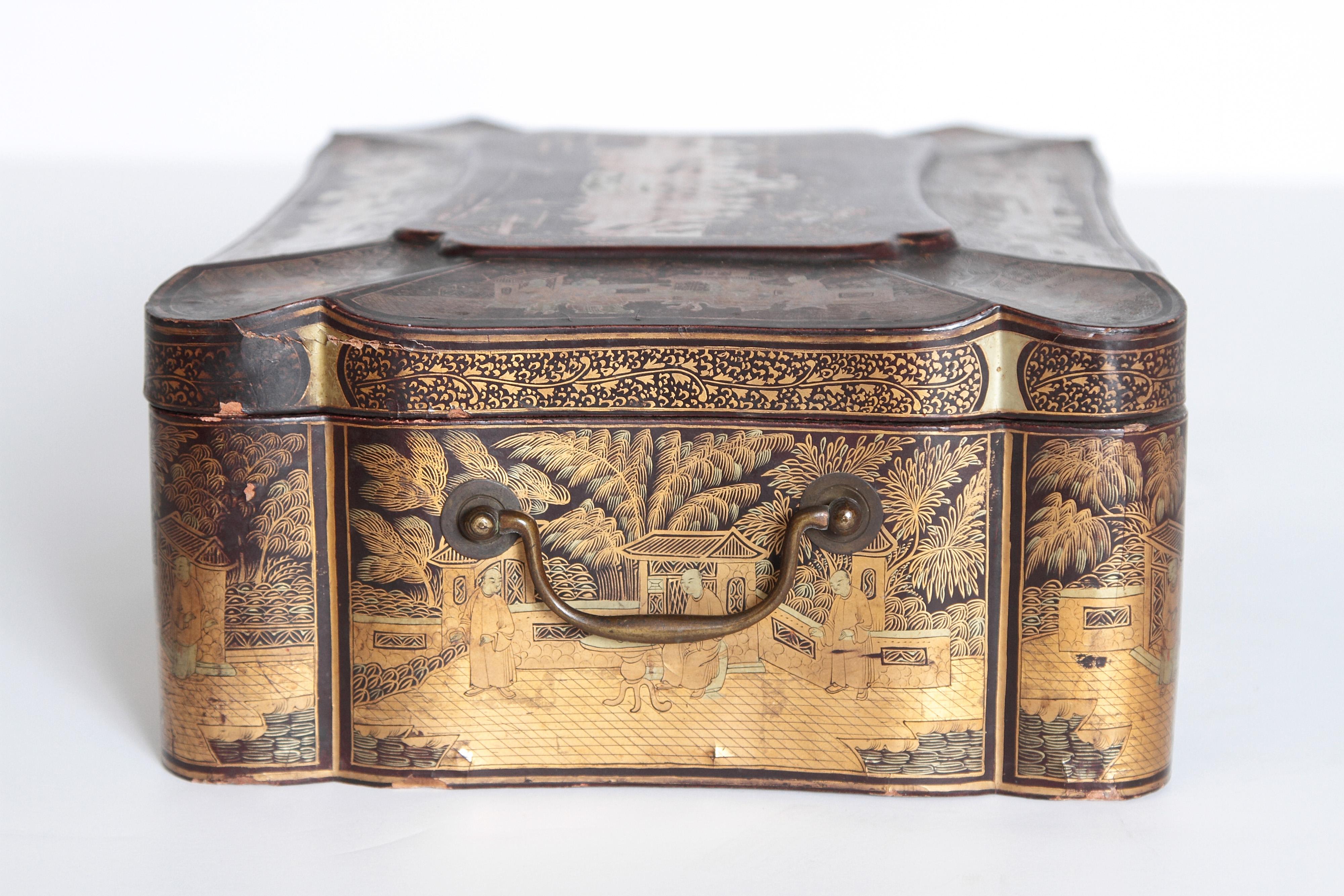 Bone 19th Century Chinese Export Chinoiserie Lacquer Sewing Box
