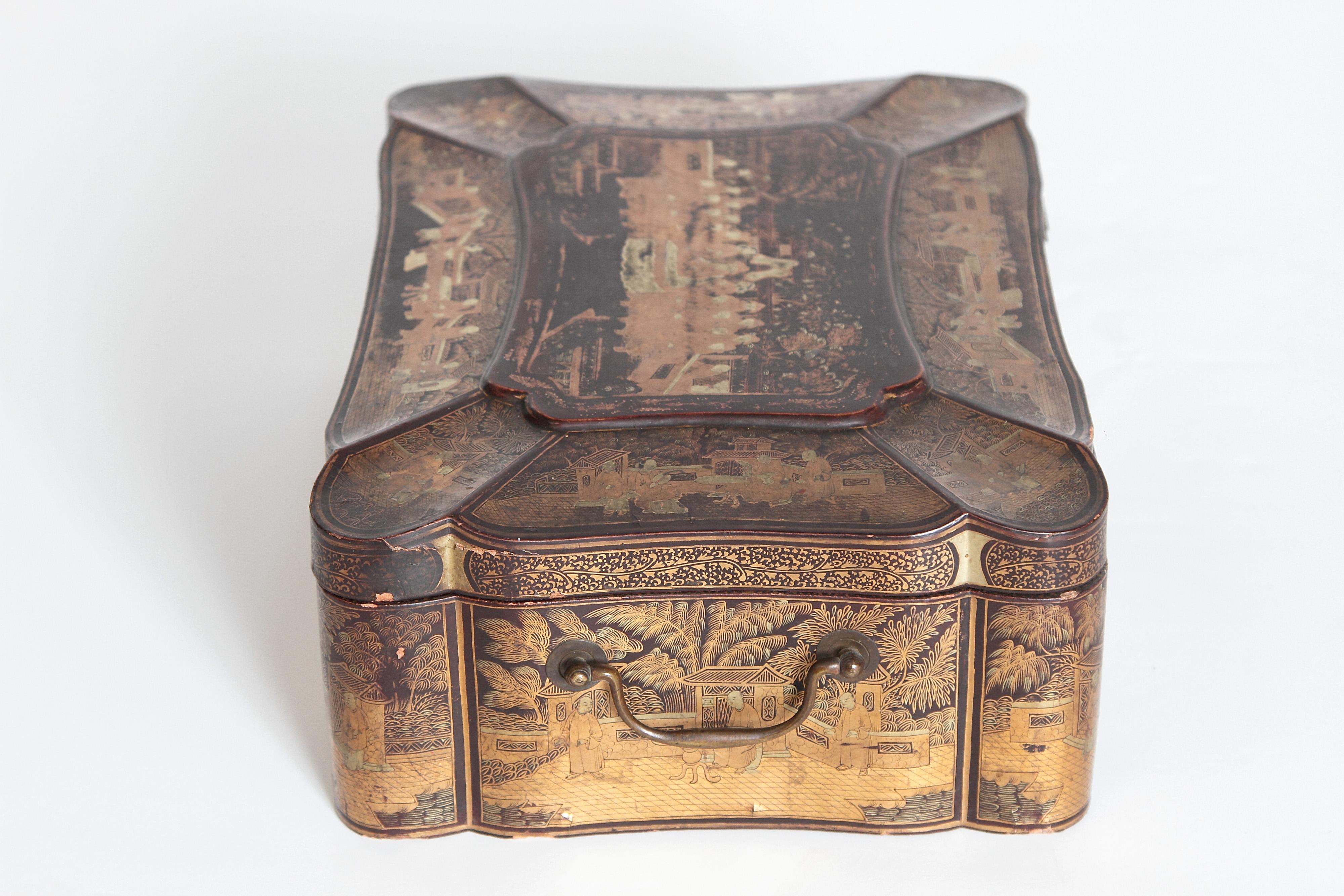 19th Century Chinese Export Chinoiserie Lacquer Sewing Box 1