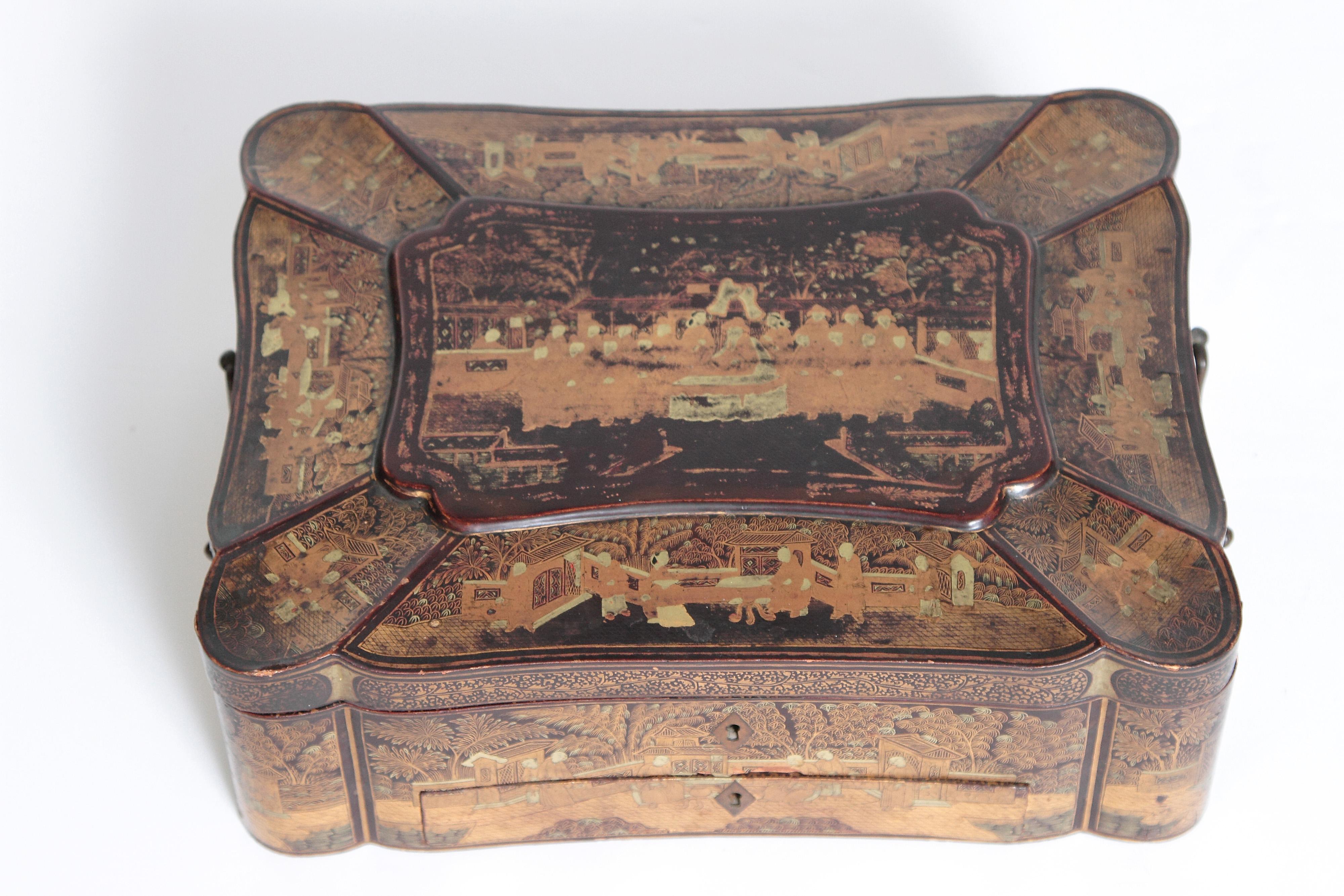 19th Century Chinese Export Chinoiserie Lacquer Sewing Box 2