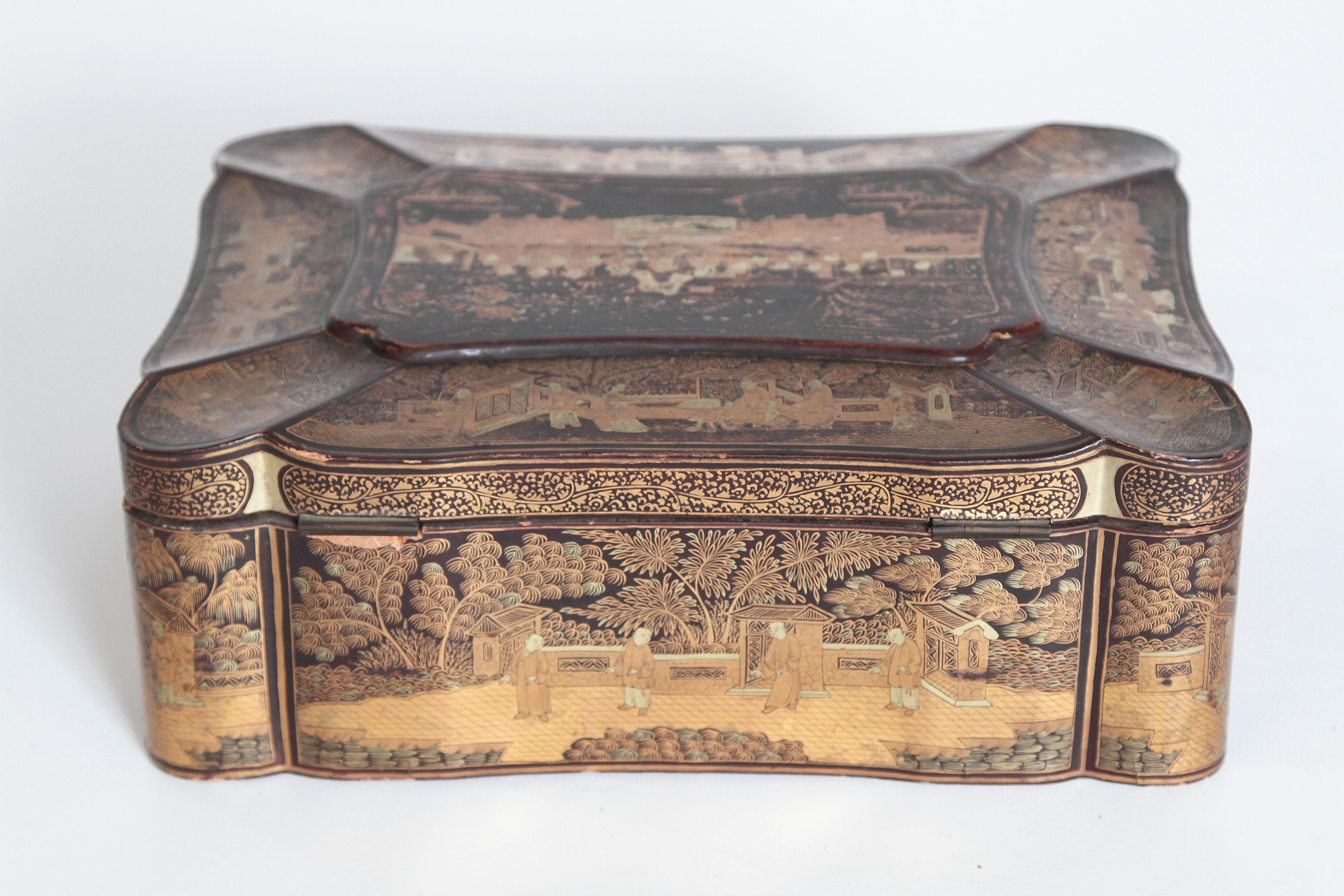 19th Century Chinese Export Chinoiserie Lacquer Sewing Box 3