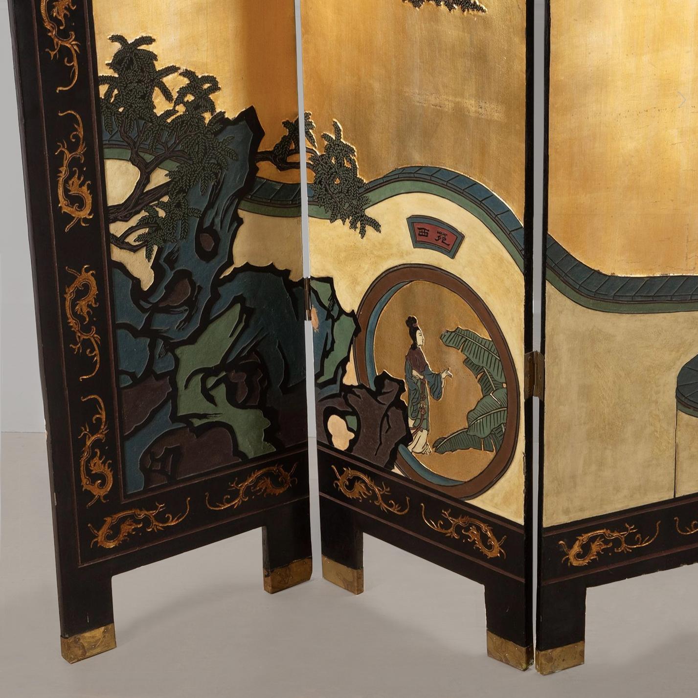 Lacquered 19th Century Chinese Export Coromandel Lacquer Eight-Fold Chinoiserie Screen