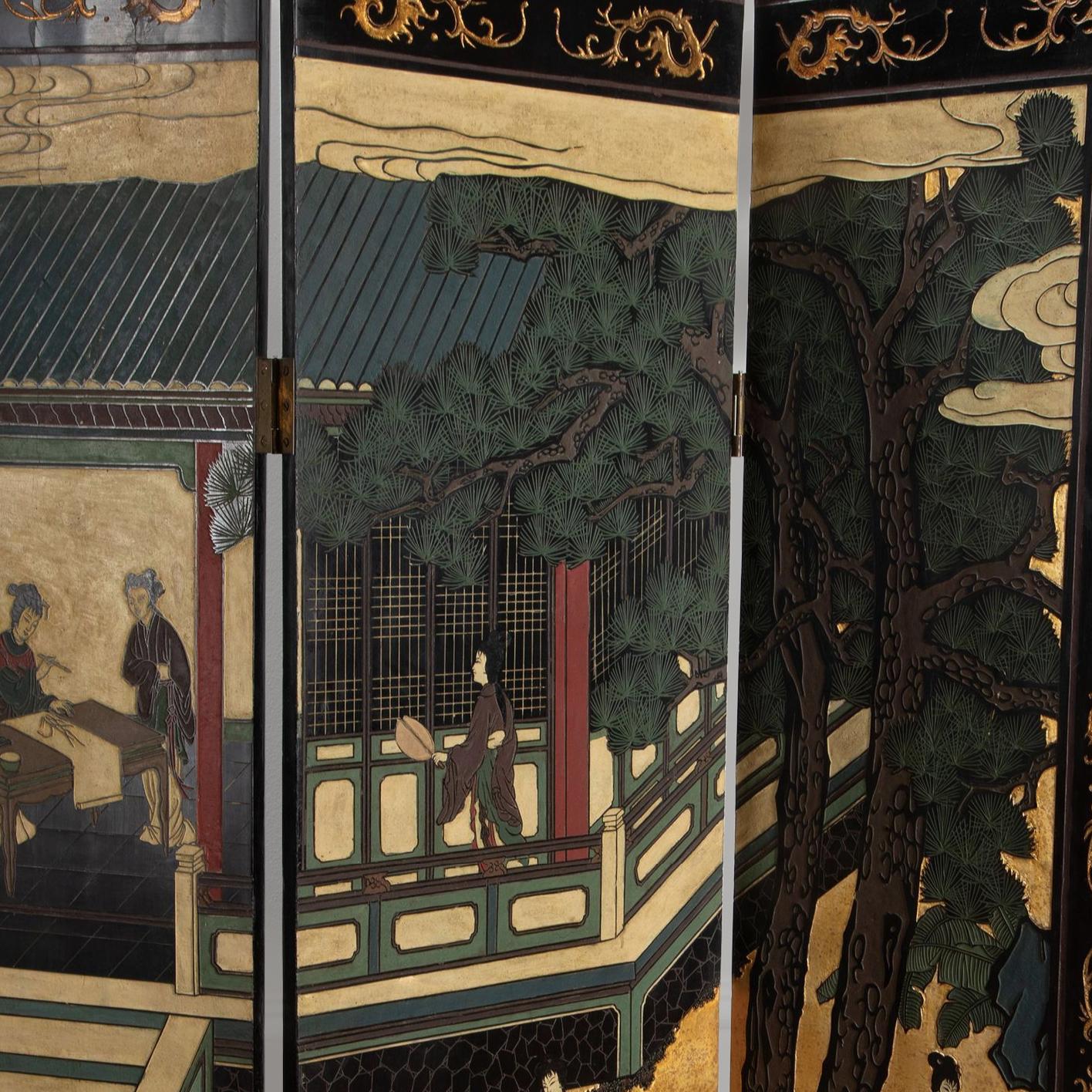 Brass 19th Century Chinese Export Coromandel Lacquer Eight-Fold Chinoiserie Screen