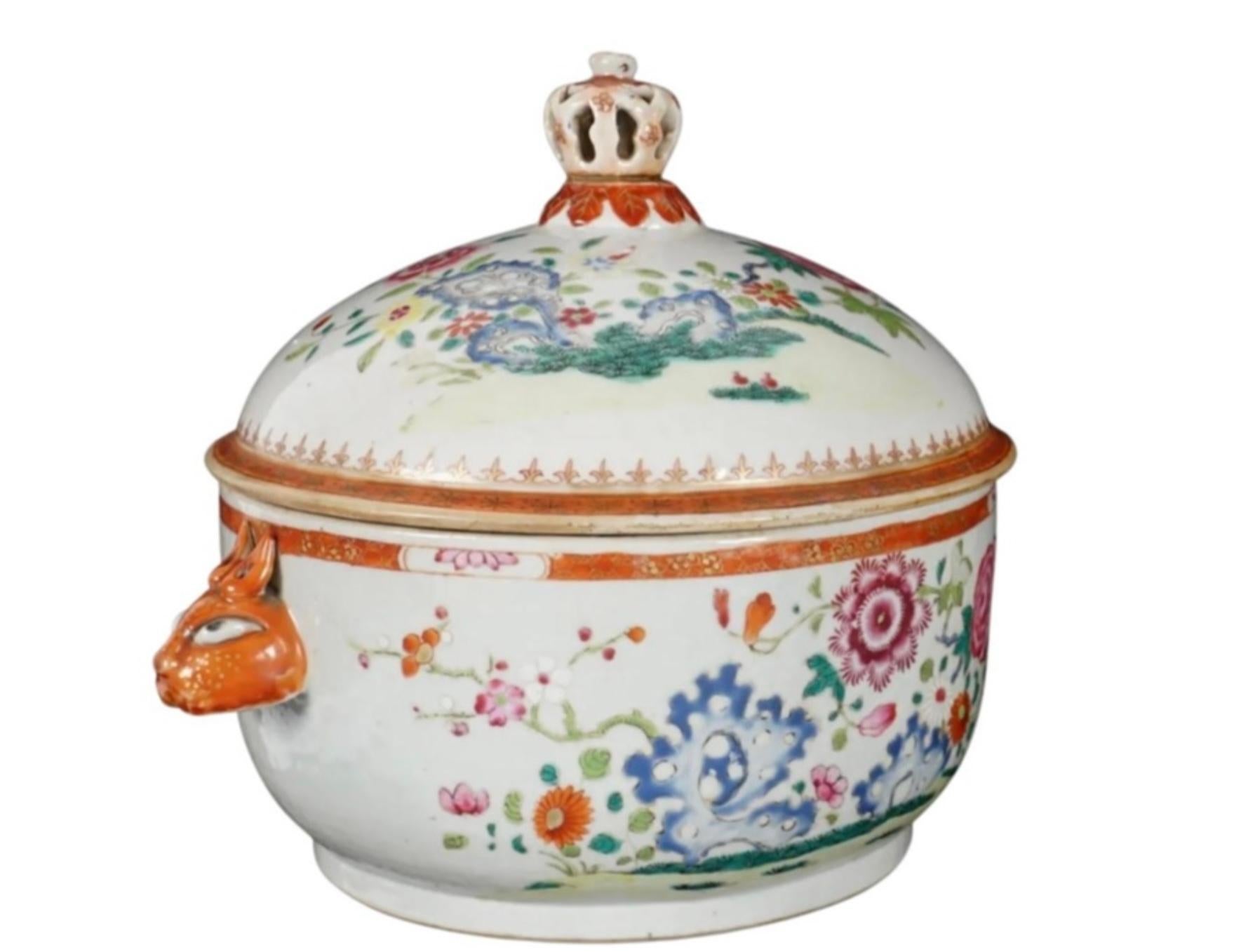 Chinese export covered bowl with rabbit handles. Porcelain covered serving bowl with floral decoration and affixed rabbit head handles, unsigned. 
This is an extraordinary example of the Chinese export porcelain and is delicately decorated with